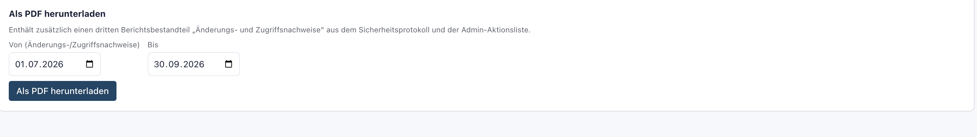 Abschnitt Als PDF herunterladen mit Von 01.07.2026, Bis 30.09.2026 und dem Knopf Als PDF herunterladen
