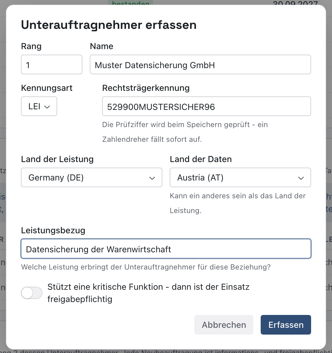 Fenster Unterauftragnehmer erfassen mit Rang 1, Name Muster Datensicherung GmbH, Kennungsart LEI, Rechtsträgerkennung 529900MUSTERSICHER96, Land der Leistung Germany (DE), Land der Daten Austria (AT) und Leistungsbezug Datensicherung der Warenwirtschaft