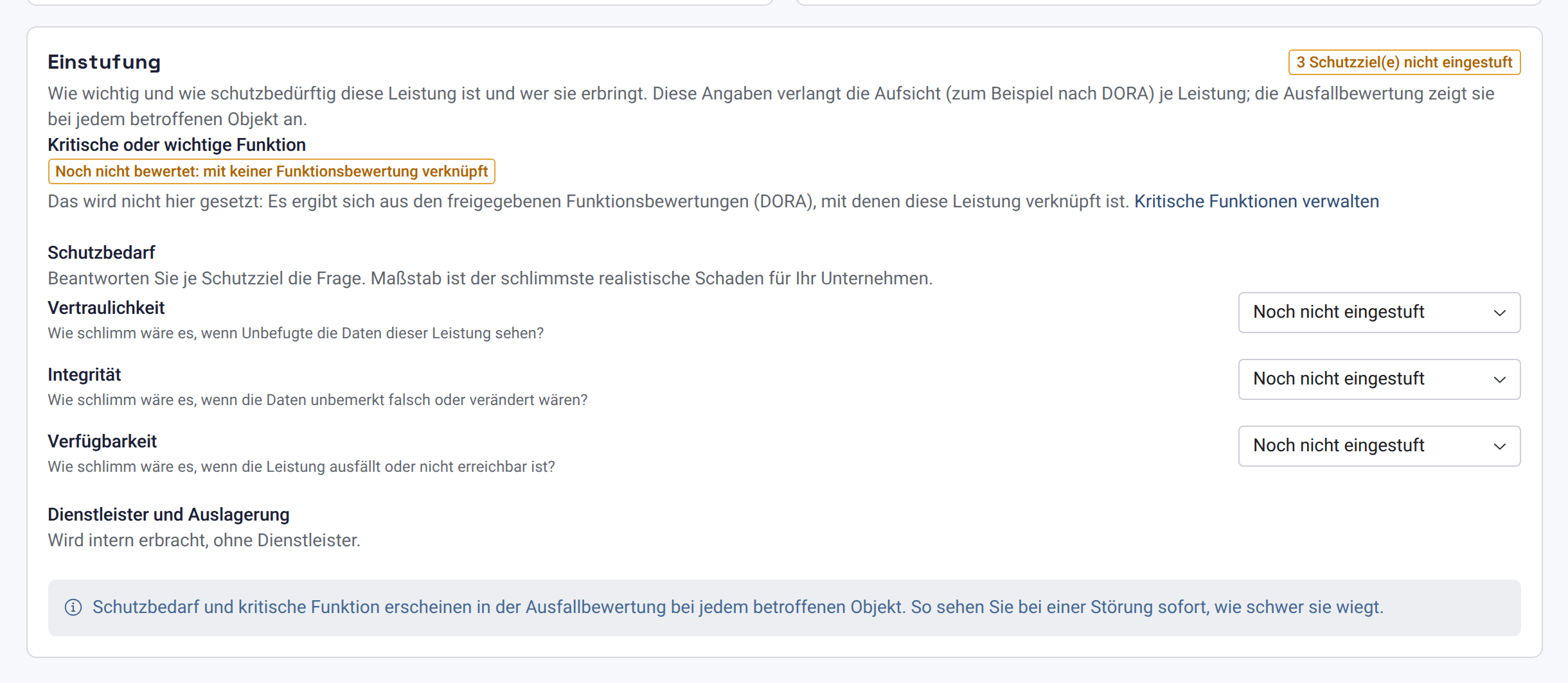 Abschnitt Einstufung der Leistung E-Mail und Kalender, noch ohne Schutzbedarf