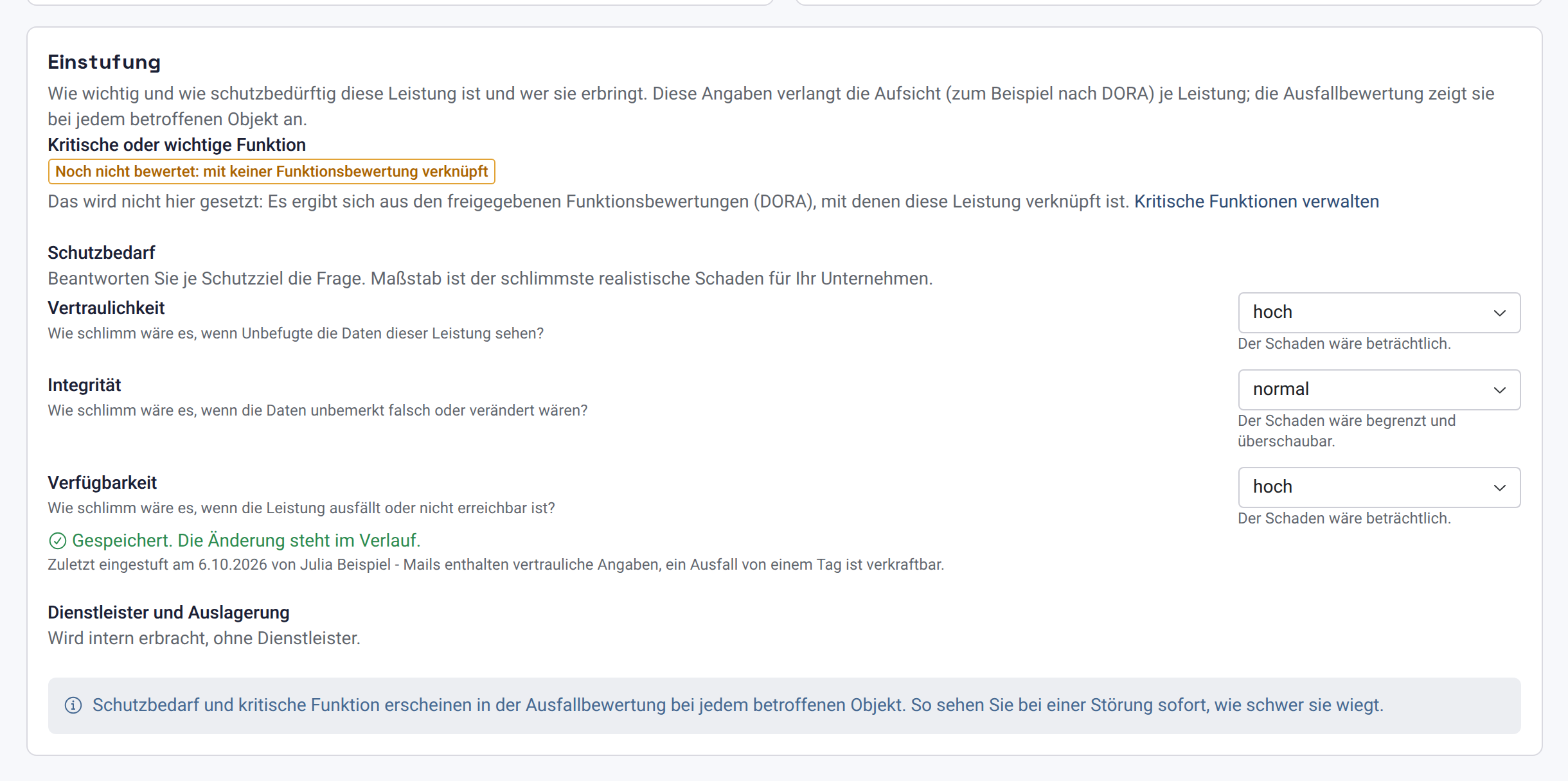 Bestätigung Gespeichert mit der Zeile Zuletzt eingestuft am 6.10.2026 von Julia Beispiel und der Begründung
