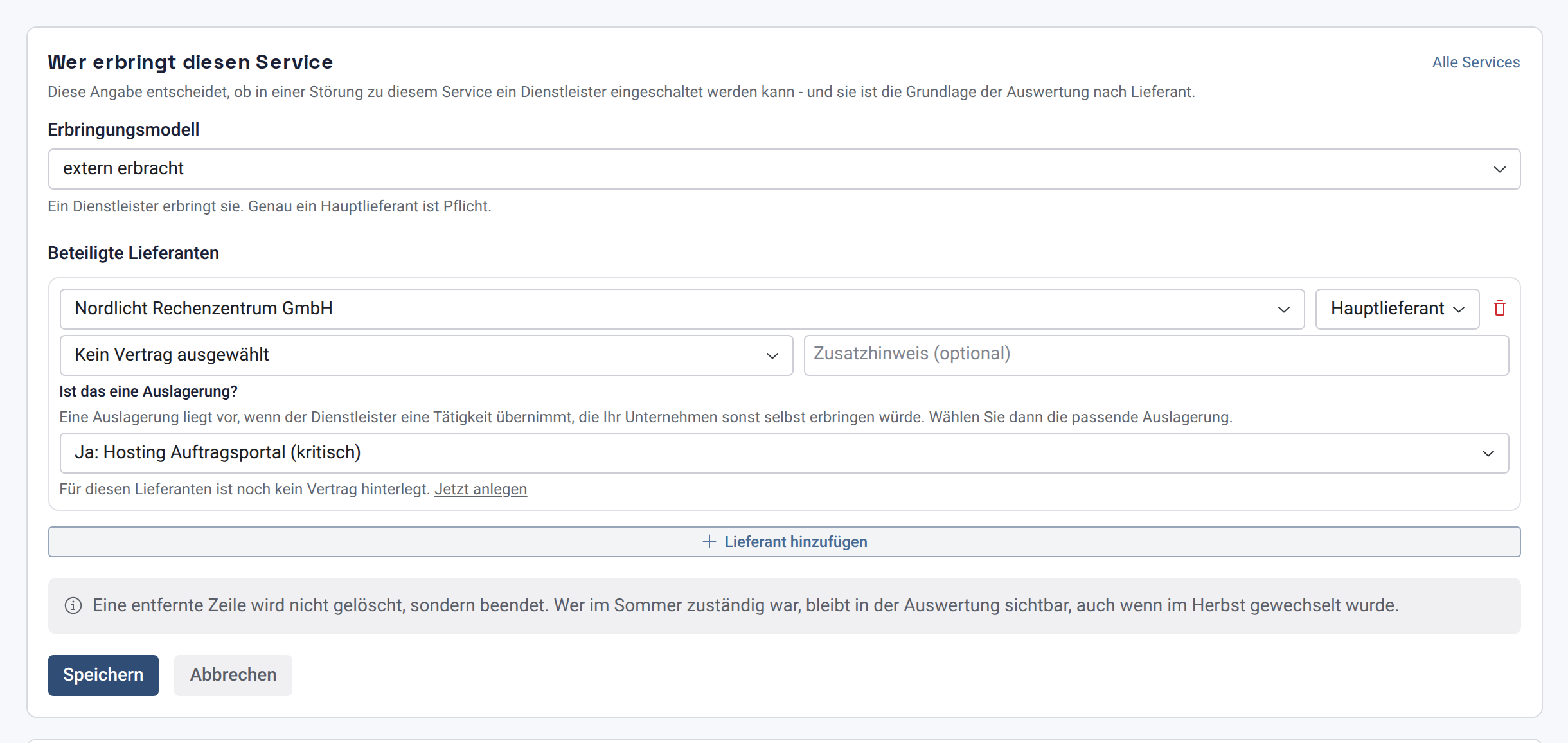 Formular Wer erbringt diesen Service mit extern erbracht, Hauptlieferant Nordlicht Rechenzentrum GmbH und der Auslagerung Hosting Auftragsportal