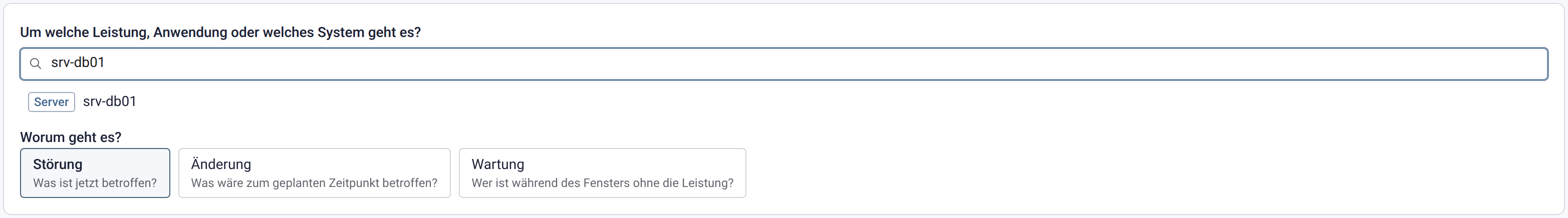 Ausfallbewertung mit dem Suchbegriff srv-db01, dem Treffer Server srv-db01 und den Arten Störung, Änderung und Wartung