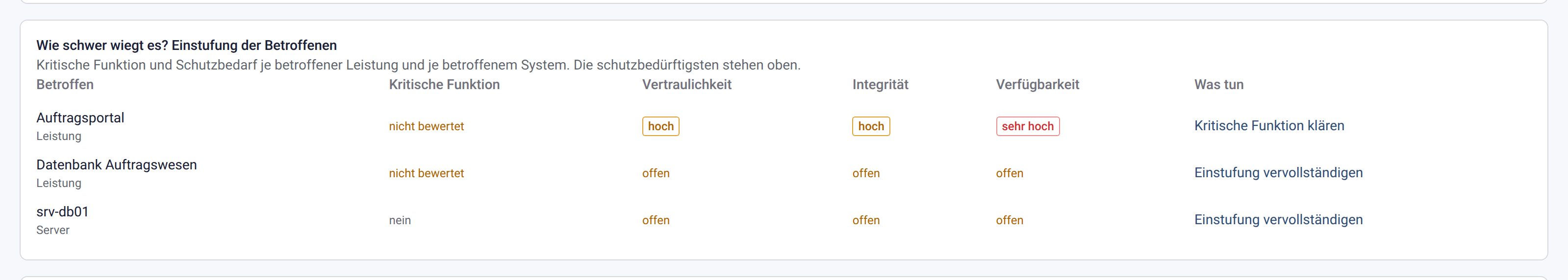 Kasten Wie schwer wiegt es mit Auftragsportal hoch, hoch, sehr hoch und den Zeilen Datenbank Auftragswesen und srv-db01 mit offen