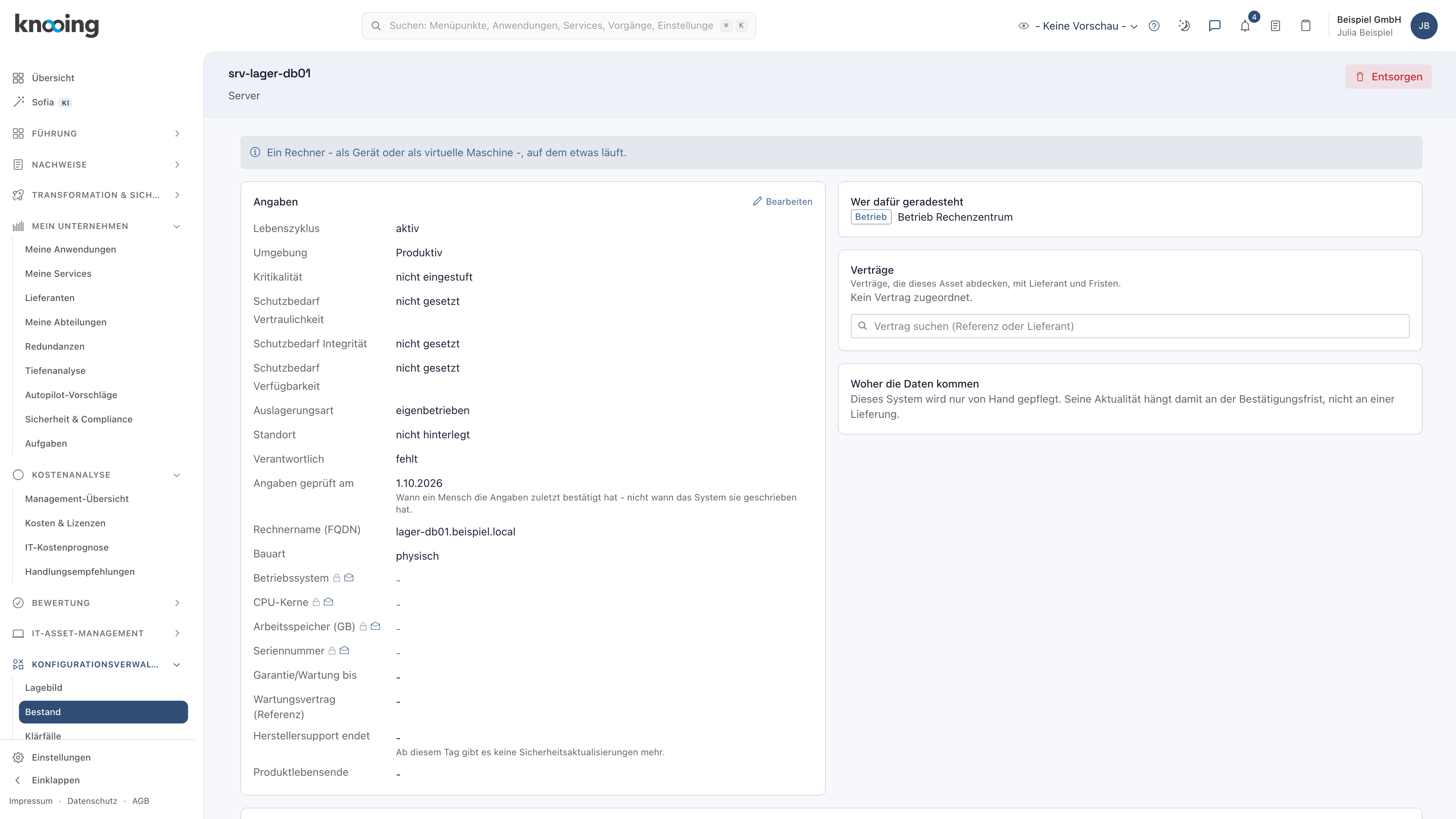 Systemseite des Servers srv-lager-db01 mit dem Lebenszyklus aktiv und dem Knopf Entsorgen oben rechts