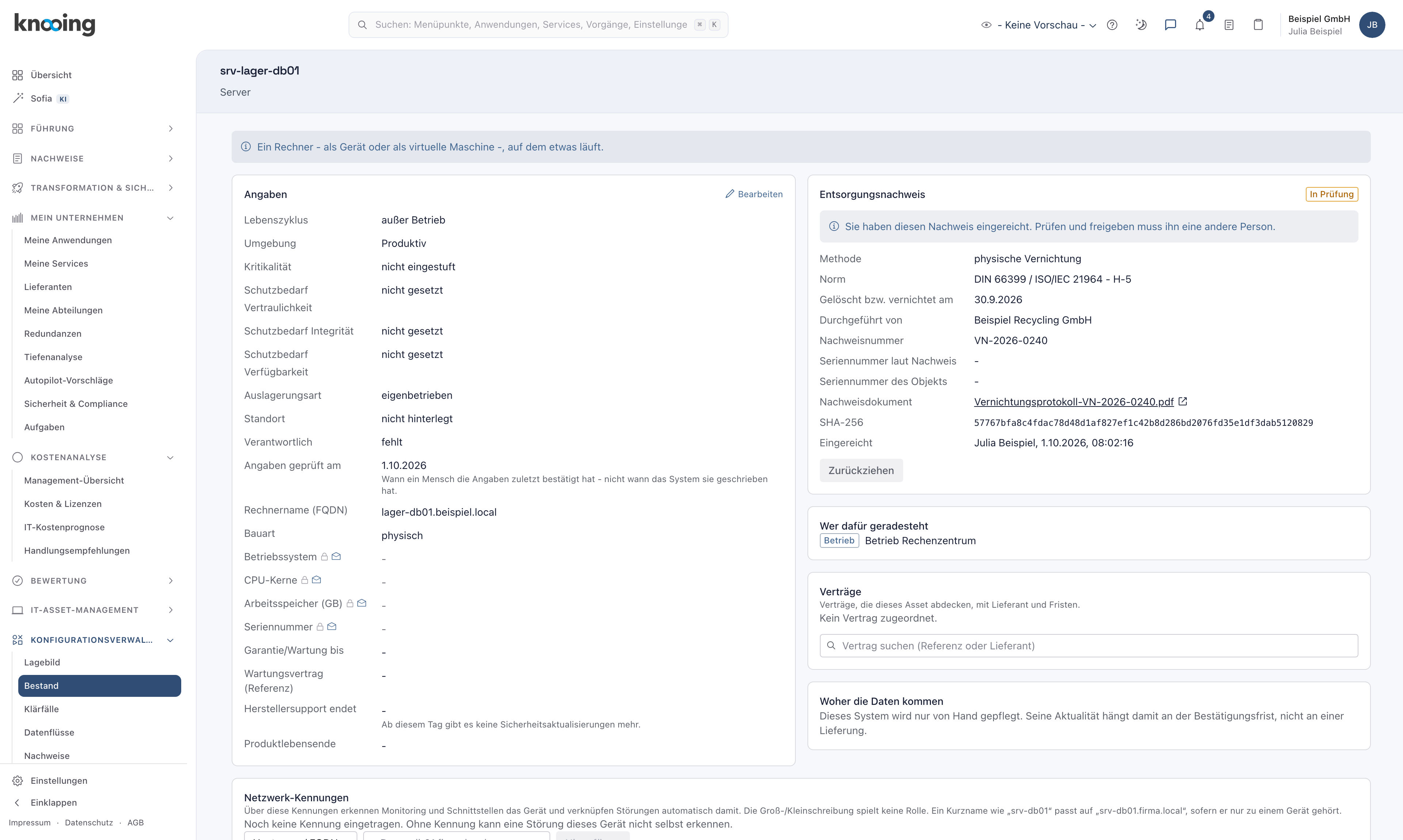 Systemseite von srv-lager-db01 nach dem Einreichen mit Lebenszyklus außer Betrieb und dem Kasten Entsorgungsnachweis in Prüfung