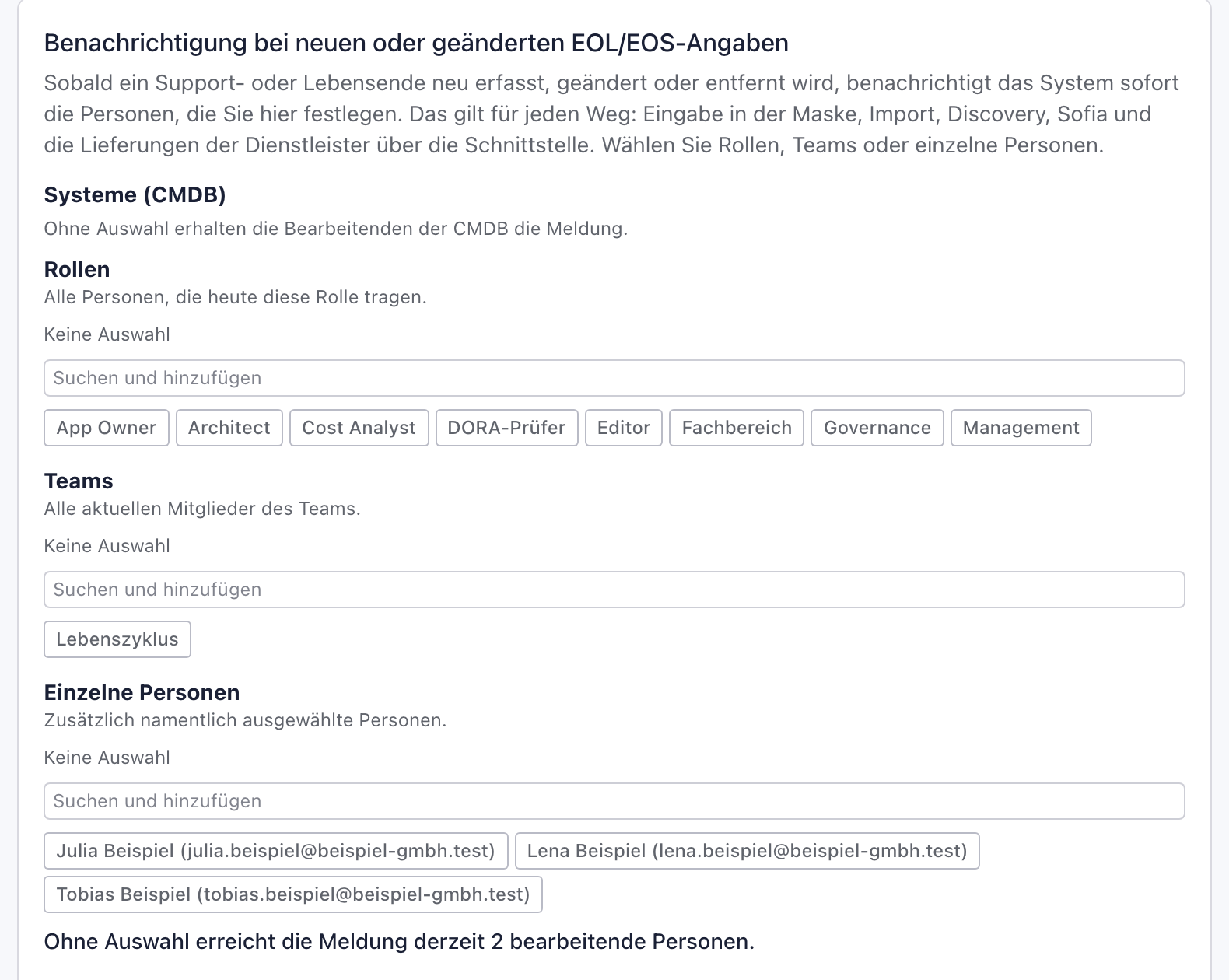 Abschnitt Benachrichtigung bei neuen oder geänderten EOL/EOS-Angaben mit dem Bereich Systeme (CMDB) ohne Auswahl