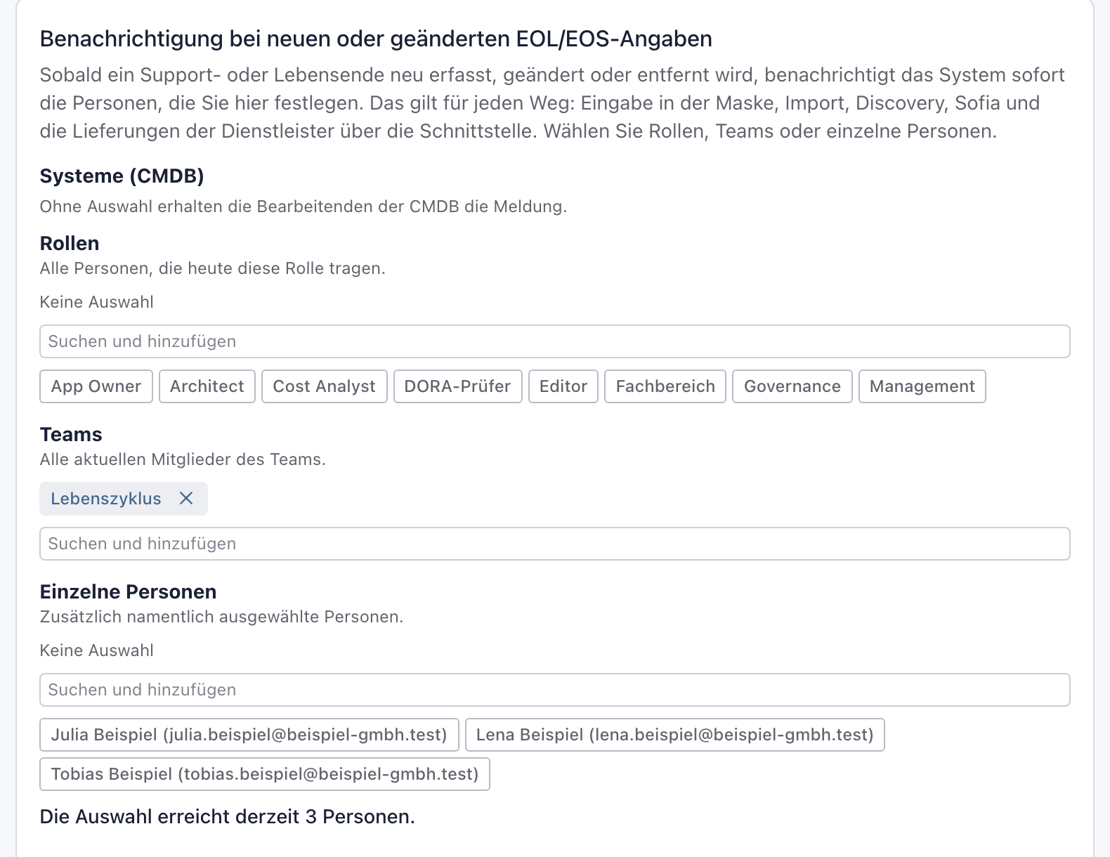Bereich Systeme (CMDB) mit dem gewählten Team Lebenszyklus und der Vorschau Die Auswahl erreicht derzeit 3 Personen