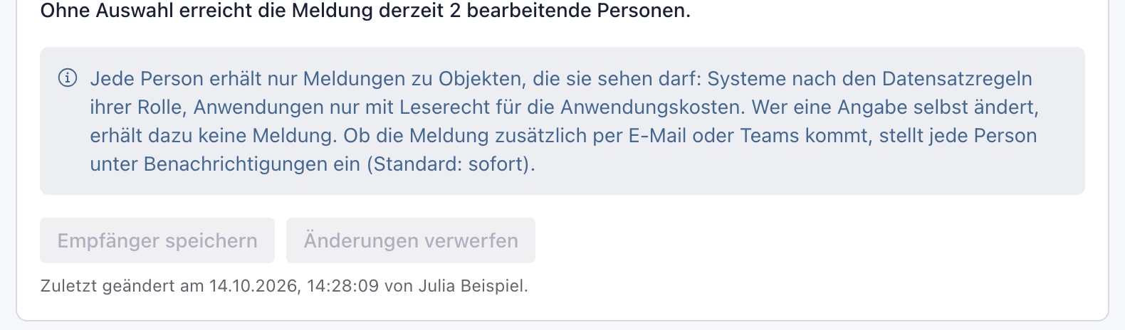 Unterer Teil des Abschnitts mit dem Hinweis zur Sicht, dem Knopf Empfänger speichern und der Zeile Zuletzt geändert