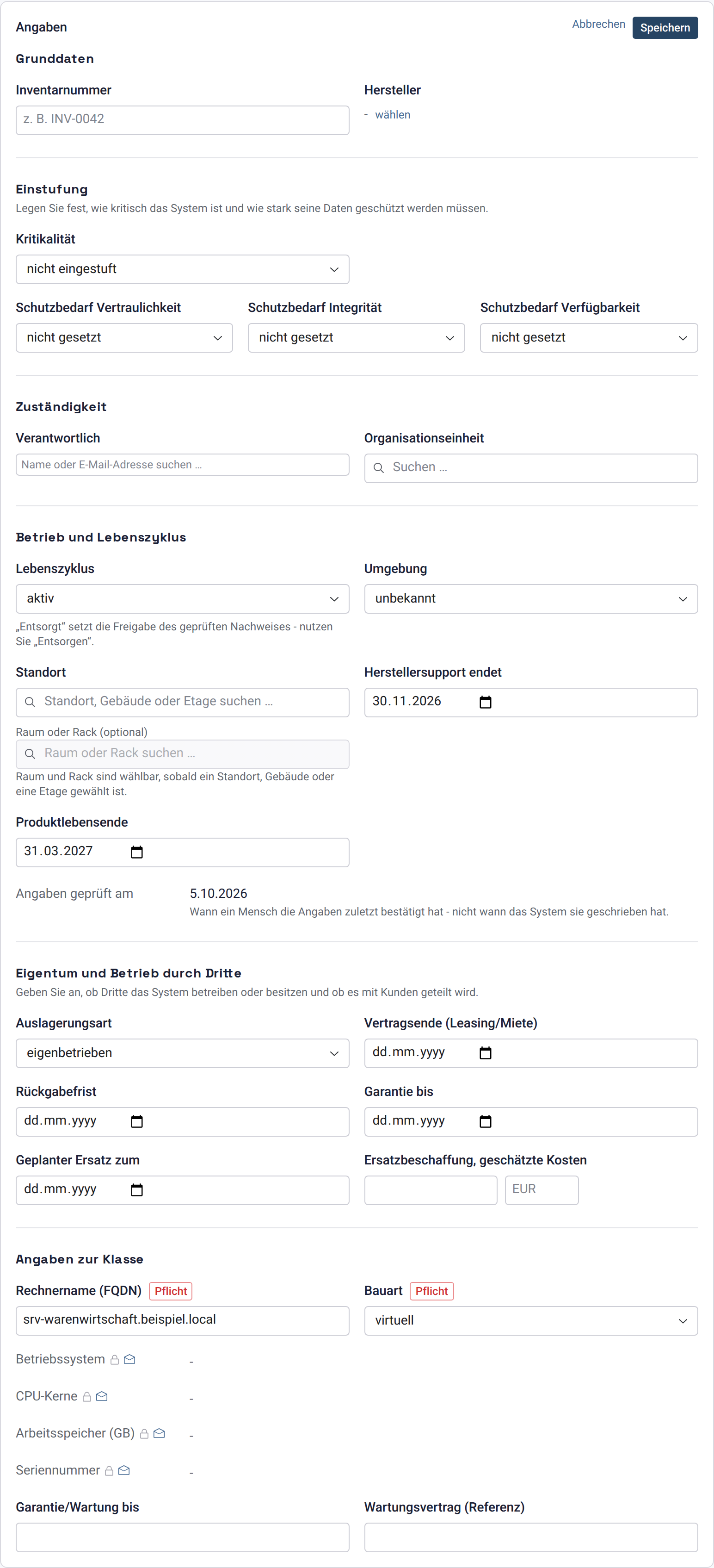Kasten Angaben eines Servers im Bearbeiten-Modus mit den Feldern Herstellersupport endet und Produktlebensende und dem Knopf Speichern