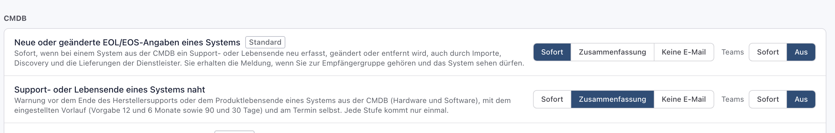 Benachrichtigungseinstellungen mit dem Ereignis Support- oder Lebensende eines Systems naht im Abschnitt CMDB, gewählt ist Zusammenfassung