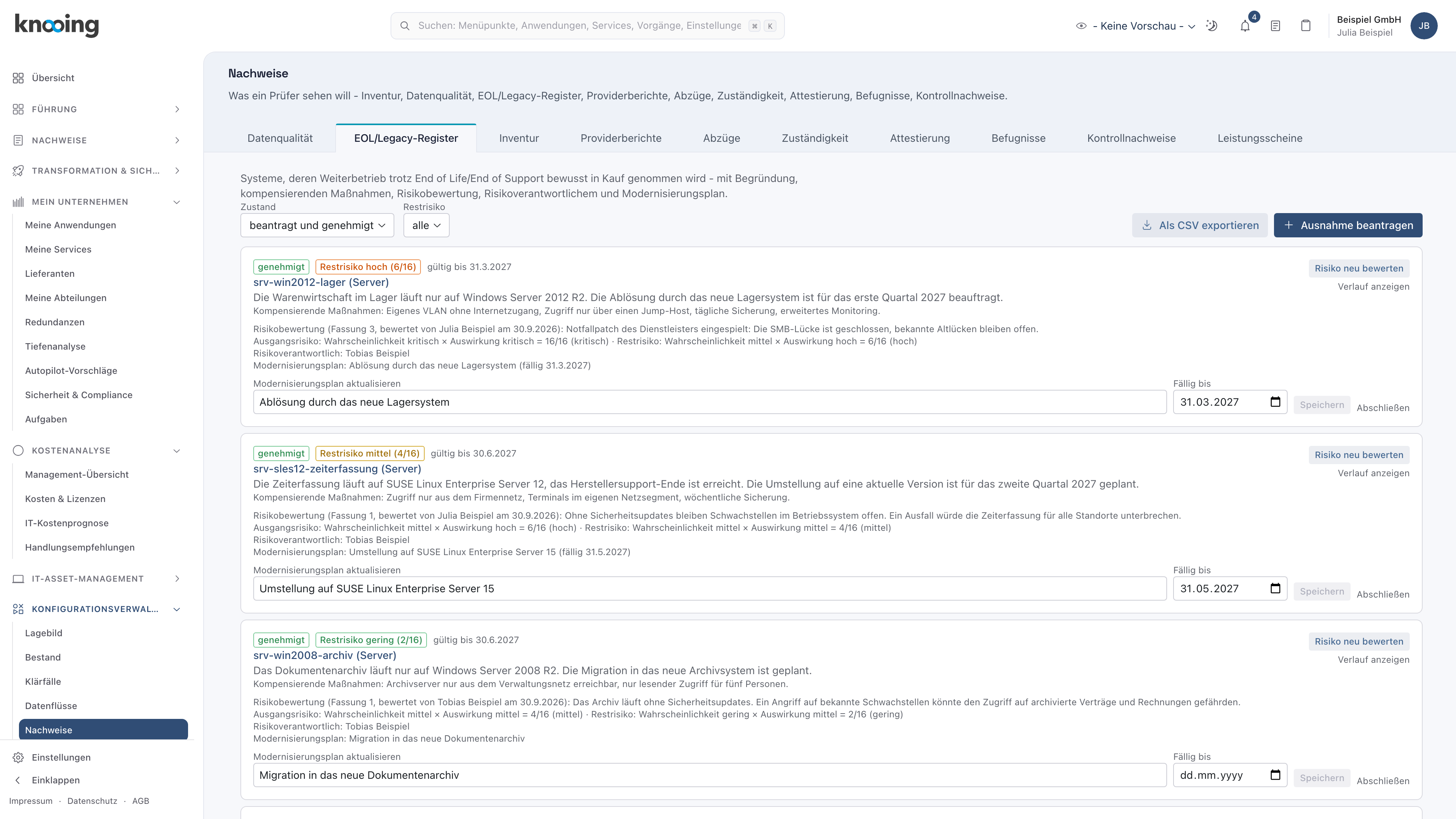 Reiter EOL/Legacy-Register mit der Liste der Ausnahmen, den Filtern und dem Knopf Ausnahme beantragen