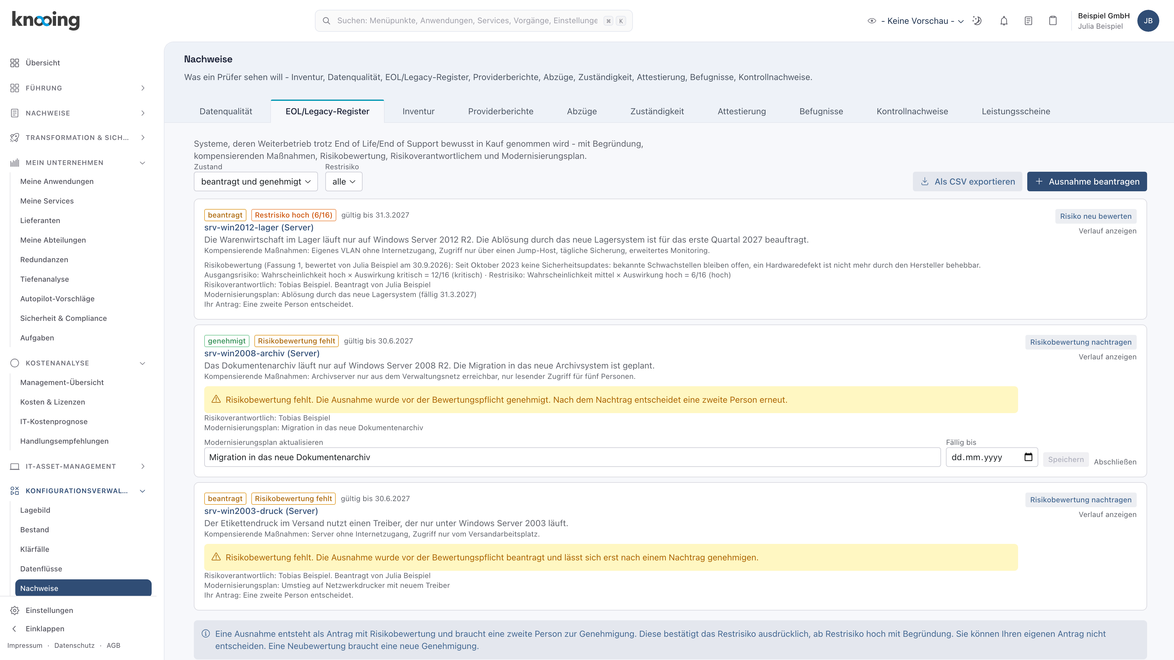 Neu angelegte Ausnahme im Status beantragt mit Restrisiko hoch