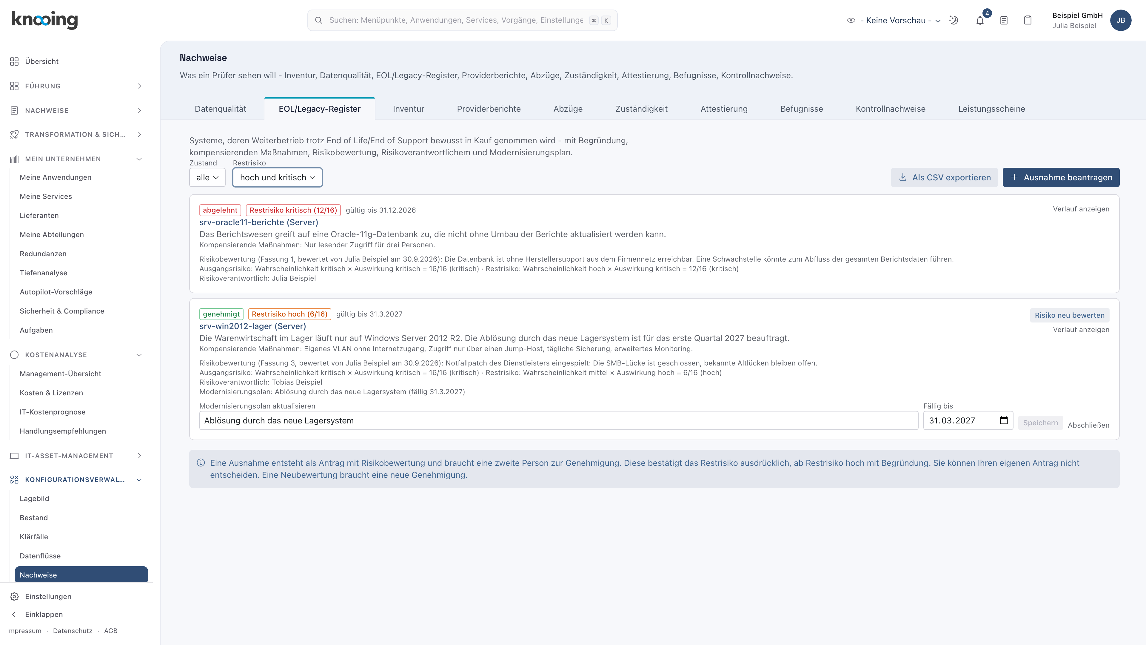 Register gefiltert nach hohem und kritischem Restrisiko mit Zustand alle