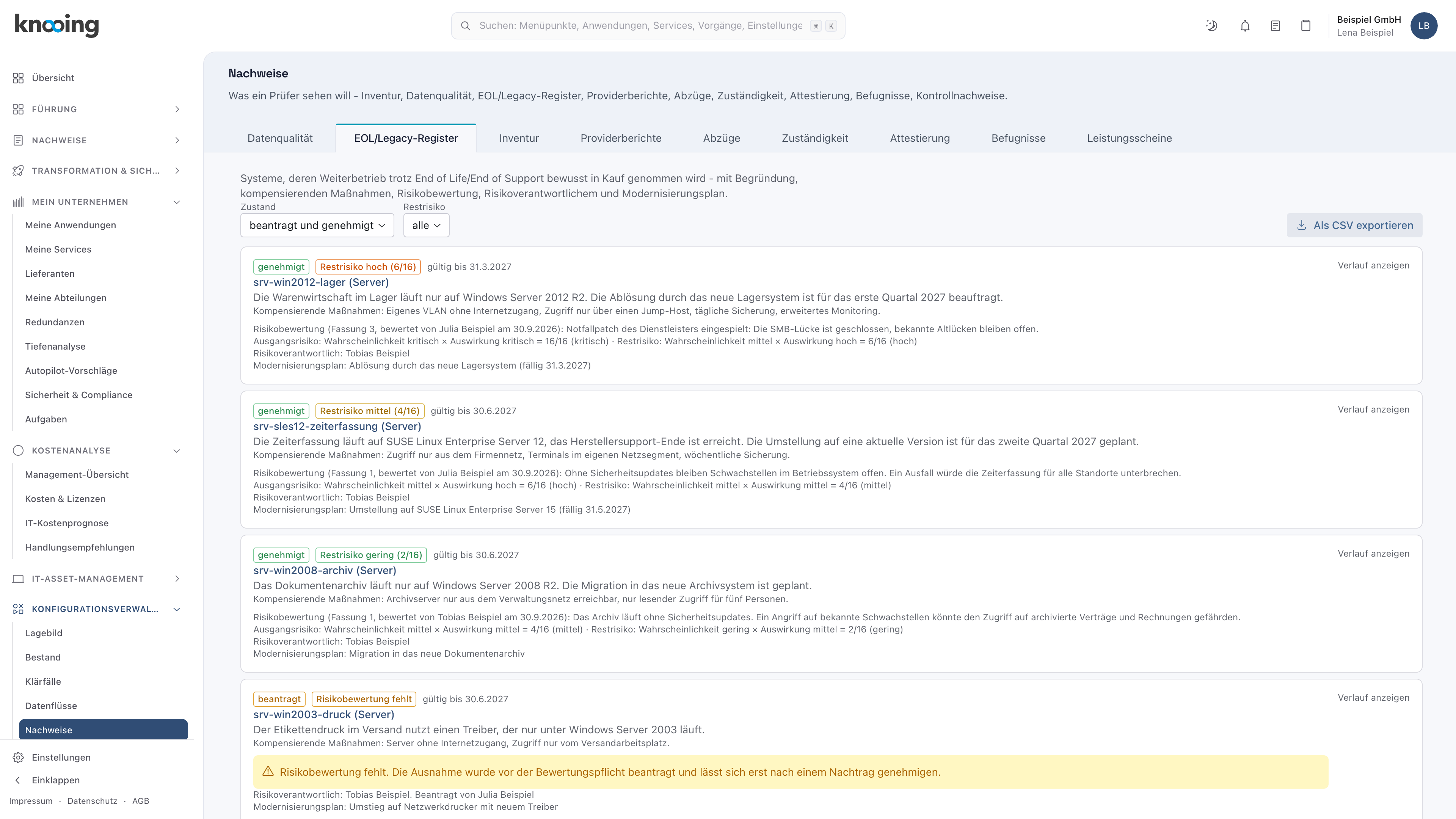 Register aus Sicht der Leserolle ohne Bearbeiten-Knöpfe