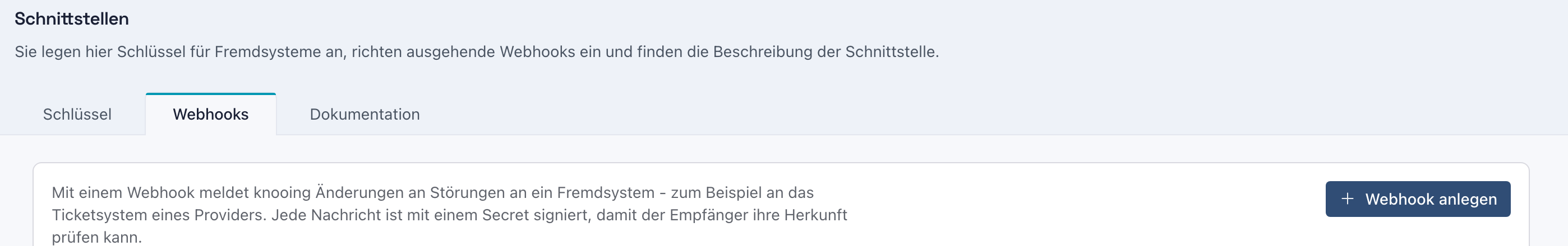 Seite Schnittstellen mit dem Reiter Webhooks und dem Knopf Webhook anlegen