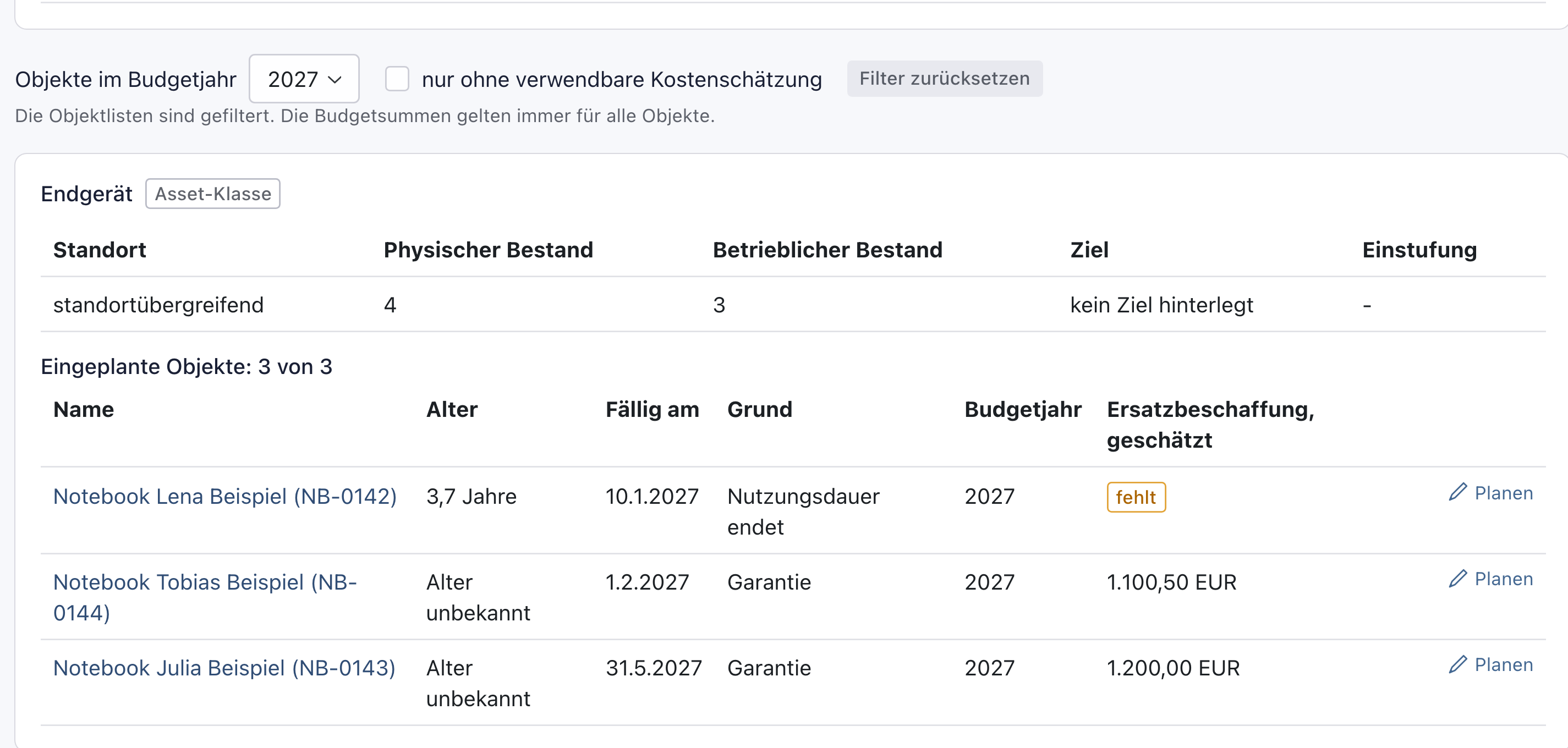 Kasten Endgerät mit der Liste Eingeplante Objekte: Notebook Lena Beispiel ohne Kostenschätzung, Notebook Tobias Beispiel und Notebook Julia Beispiel mit Betrag