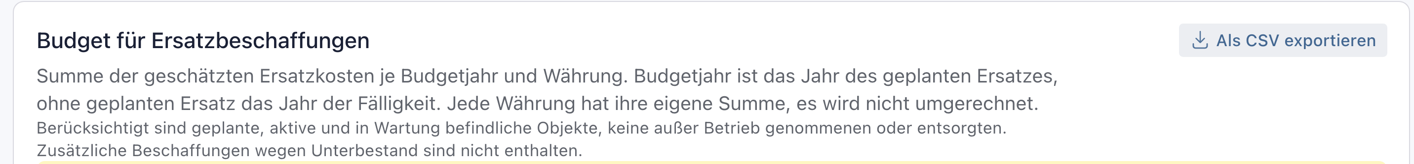 Kopf des Kastens Budget für Ersatzbeschaffungen mit dem Knopf Als CSV exportieren rechts oben