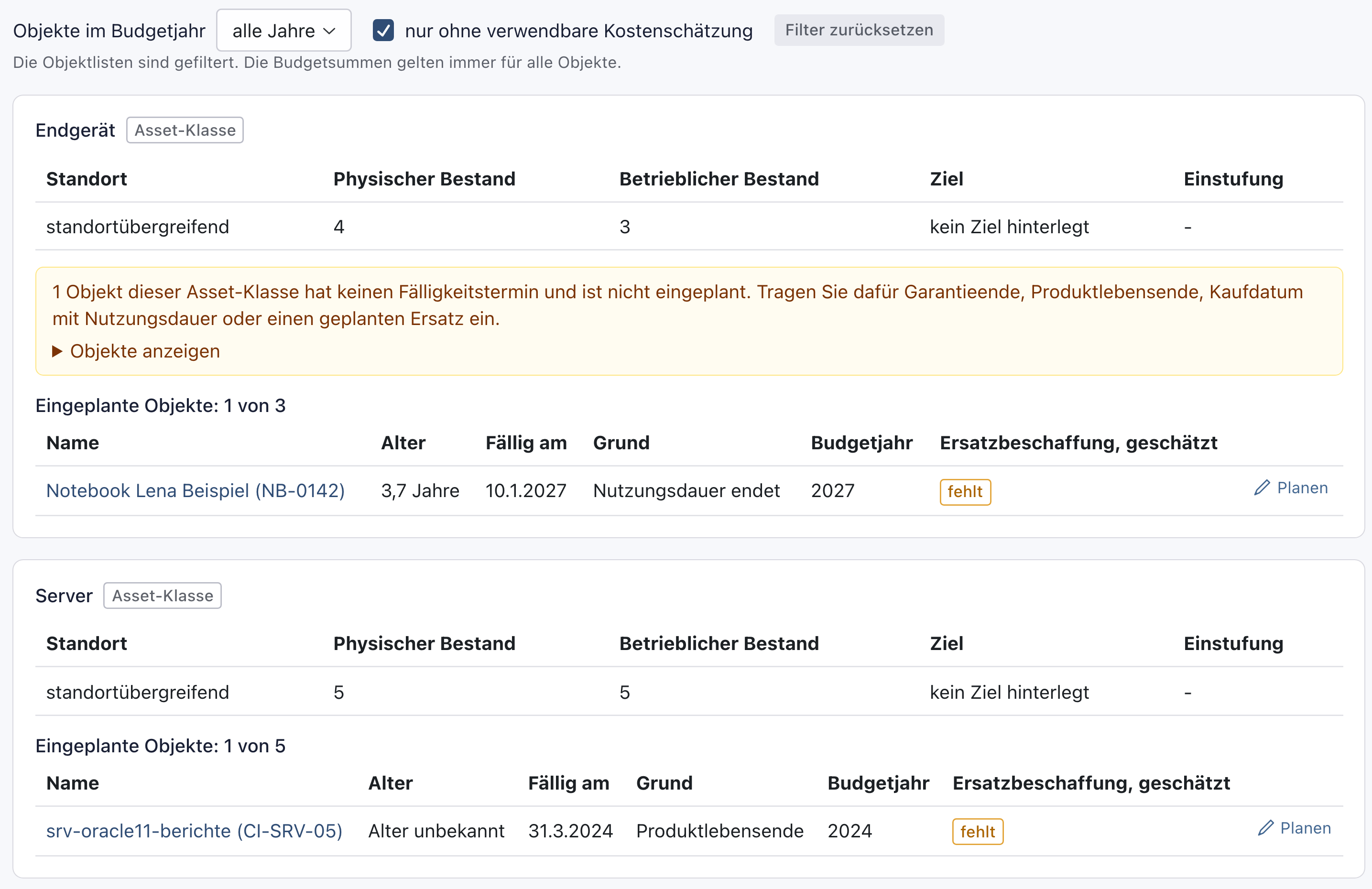 Häkchen nur ohne verwendbare Kostenschätzung gesetzt, darunter die Kästen Endgerät und Server mit je einem Objekt, bei dem die Kostenschätzung fehlt