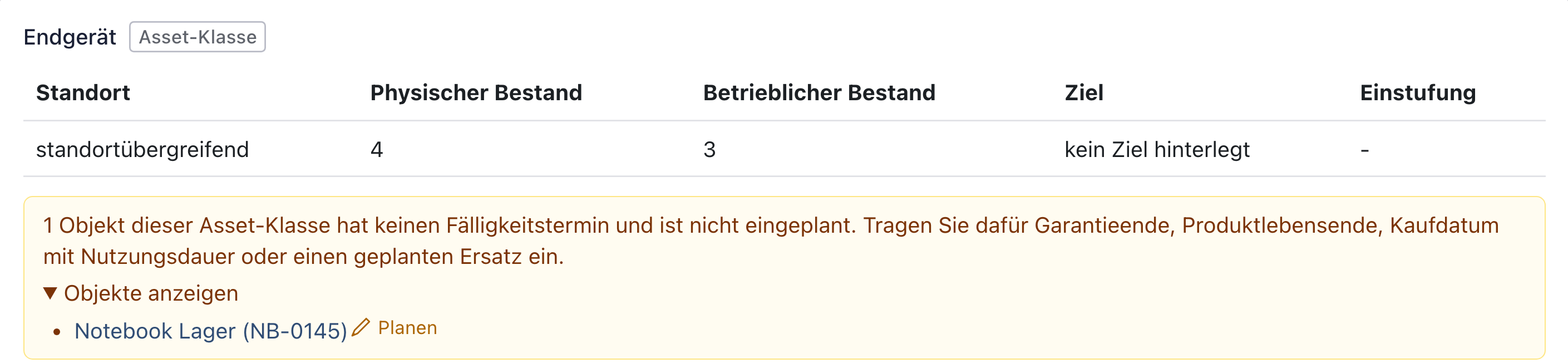 Gelber Kasten der Klasse Endgerät mit der aufgeklappten Liste: Notebook Lager mit dem Knopf Planen