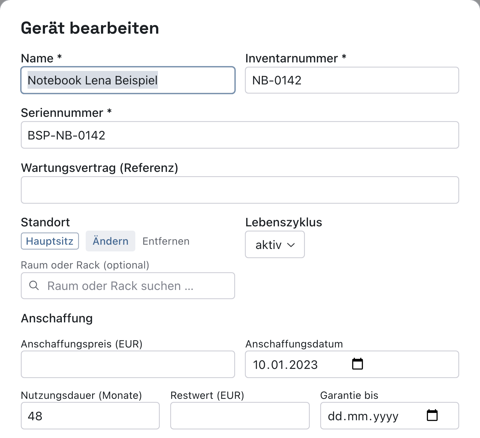 Dialog Gerät bearbeiten für das Notebook Lena Beispiel mit Anschaffungsdatum 10.01.2023, Nutzungsdauer 48 Monate und leerem Feld Garantie bis