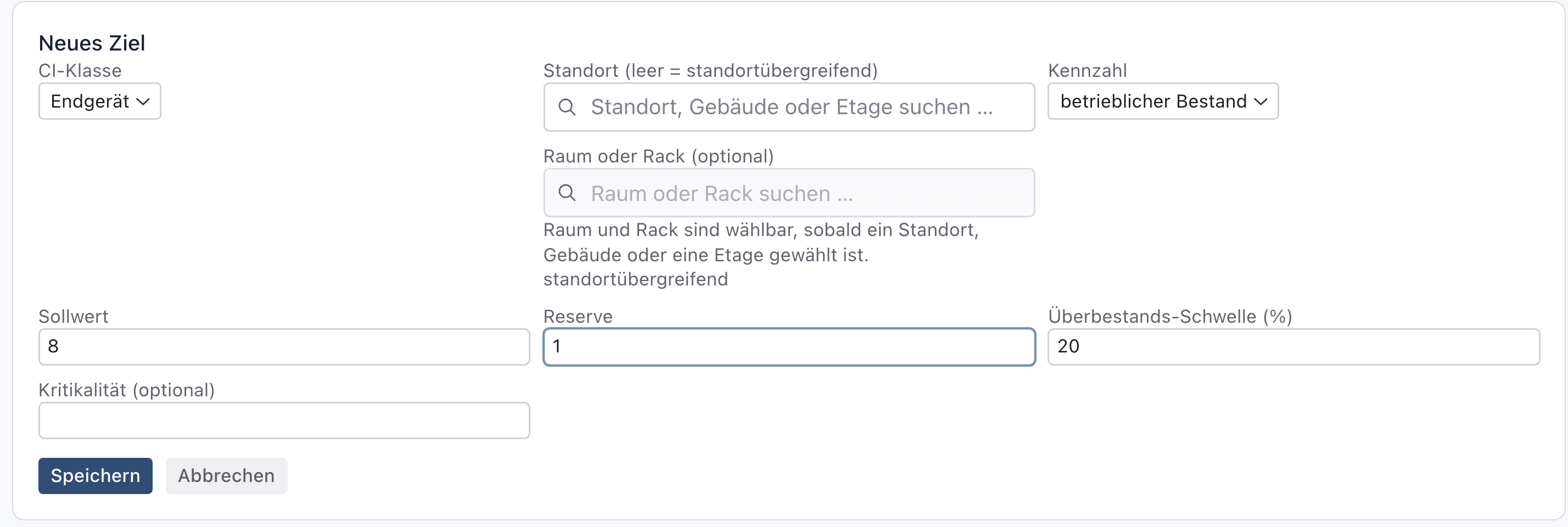 Ausgefülltes Formular: Endgerät, standortübergreifend, betrieblicher Bestand, Sollwert 8, Reserve 1, Überbestands-Schwelle 20