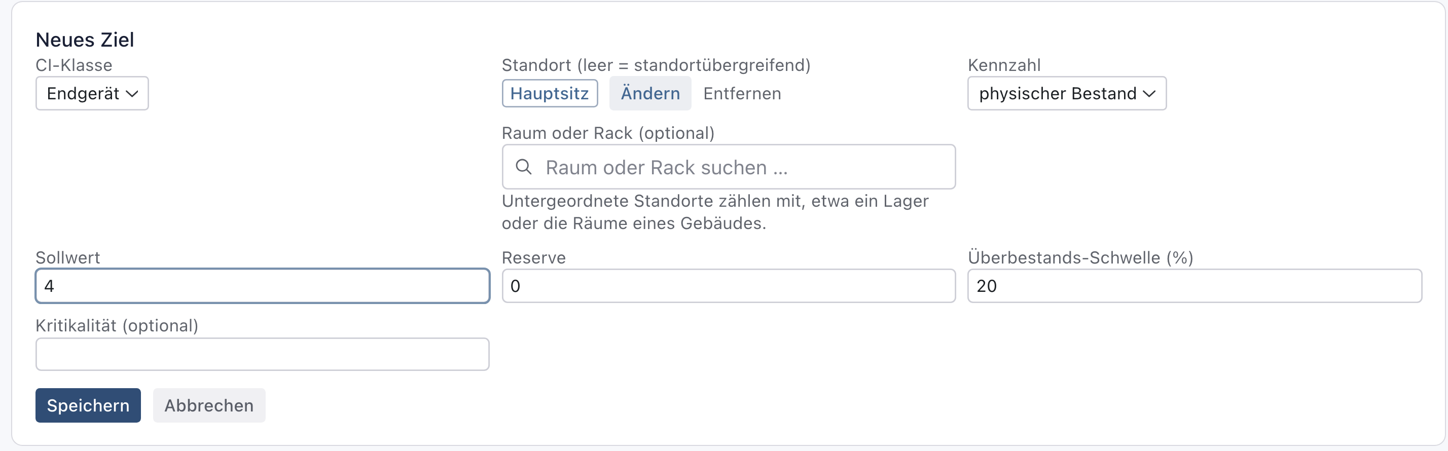 Formular Neues Ziel: Endgerät, Standort Hauptsitz mit dem Hinweis Untergeordnete Standorte zählen mit, physischer Bestand, Sollwert 4, Reserve 0, Überbestands-Schwelle 20