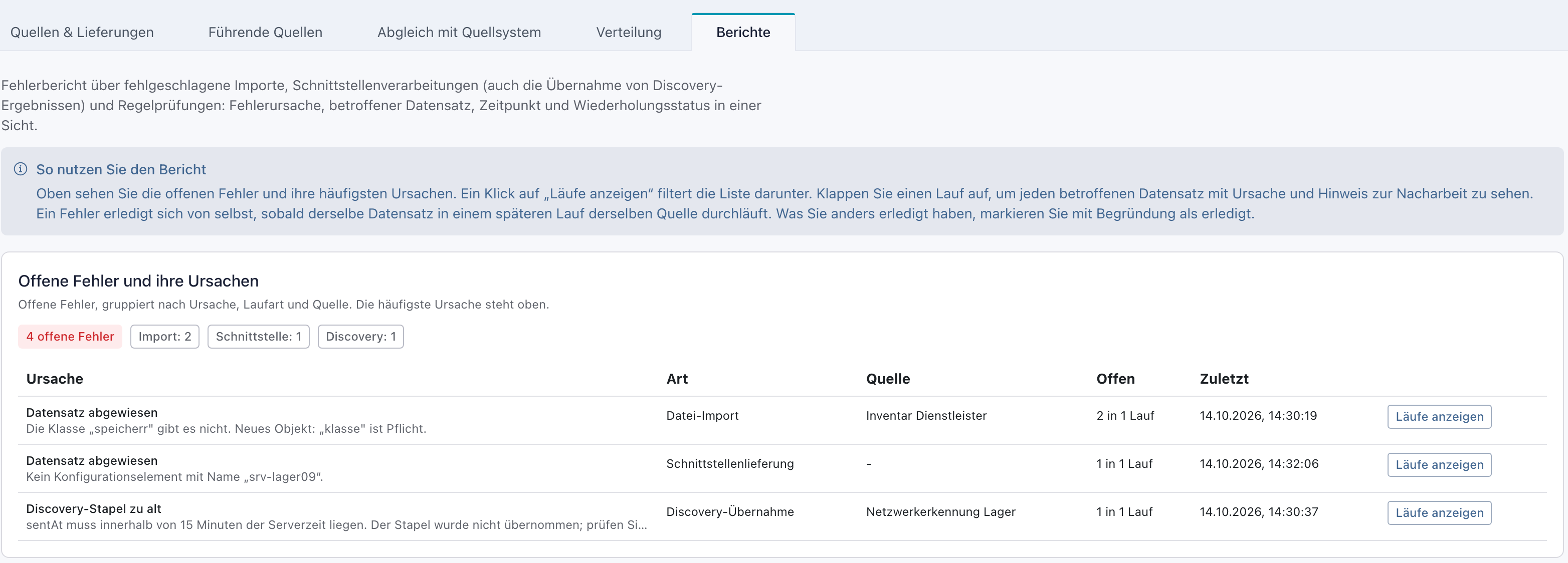 Reiter Berichte unter Datenflüsse mit dem Kasten Offene Fehler und ihre Ursachen