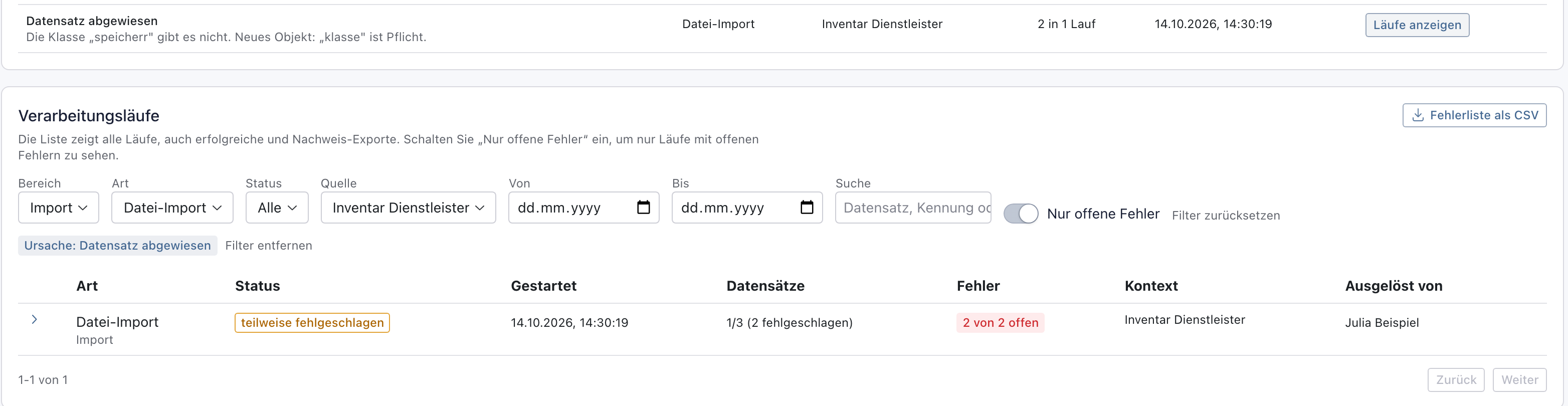 Liste Verarbeitungsläufe, gefiltert auf die Ursache Datensatz abgewiesen beim Datei-Import