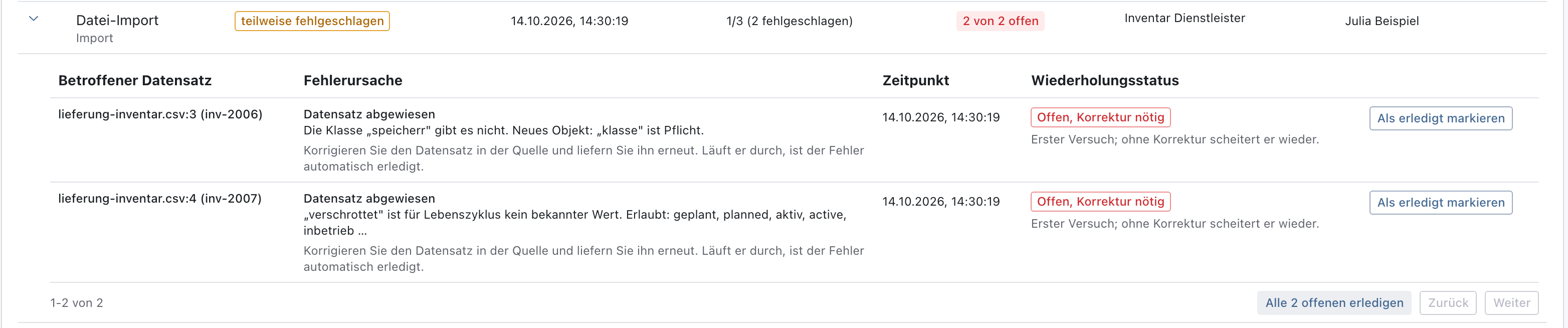 Aufgeklappter Lauf mit zwei abgewiesenen Zeilen, Ursache, Hinweis und Wiederholungsstatus