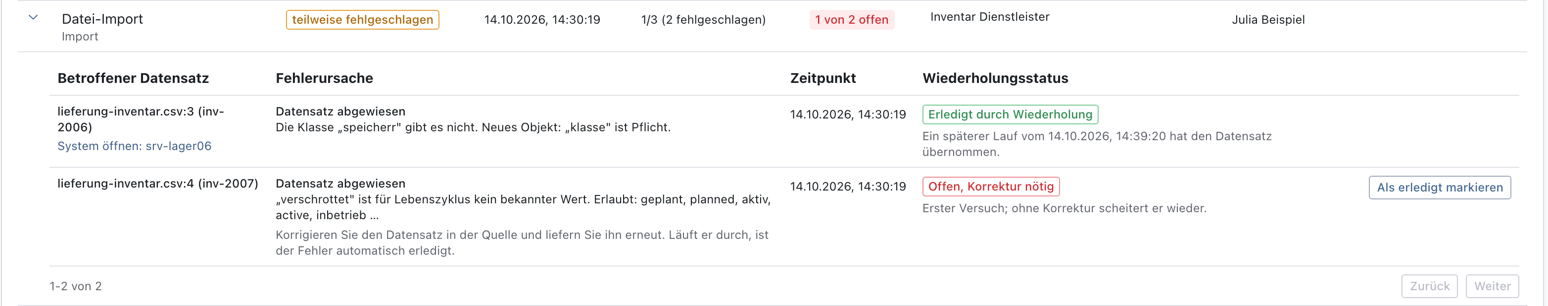 Aufgeklappter Lauf: eine Zeile mit Erledigt durch Wiederholung, eine noch offen