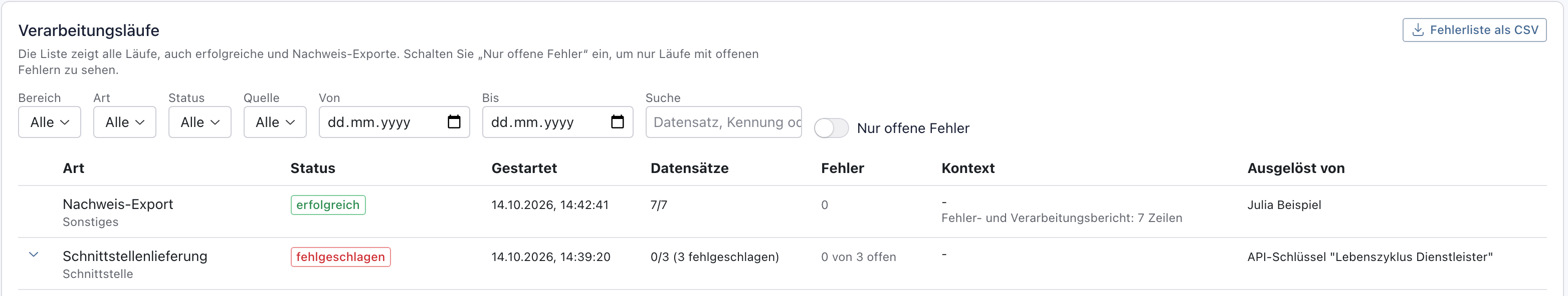 Liste Verarbeitungsläufe mit dem Knopf Fehlerliste als CSV und dem neuen Lauf Nachweis-Export