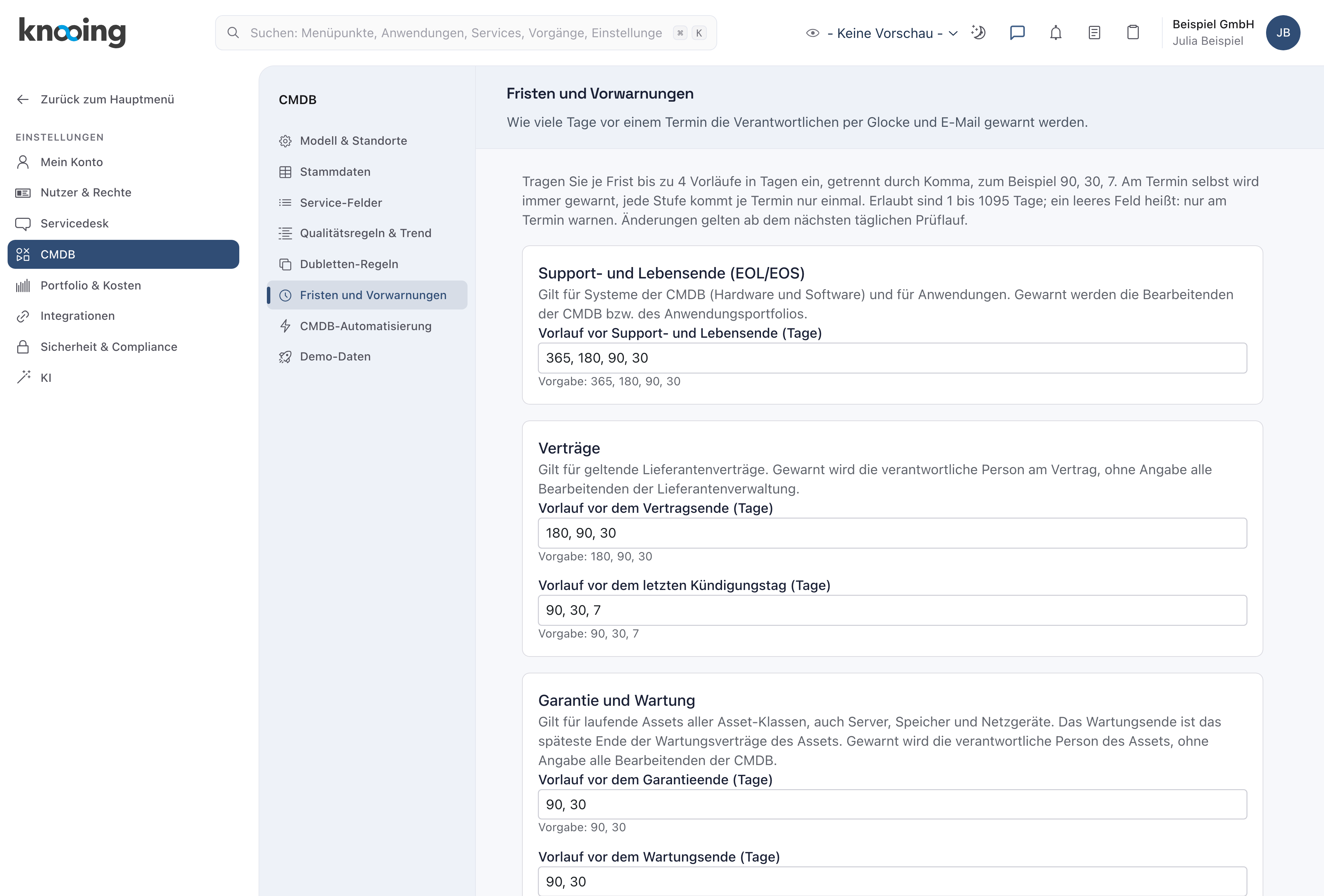 Einstellungen, Bereich CMDB, Seite Fristen und Vorwarnungen mit den Gruppen Support- und Lebensende, Verträge sowie Garantie und Wartung und den eingetragenen Vorläufen