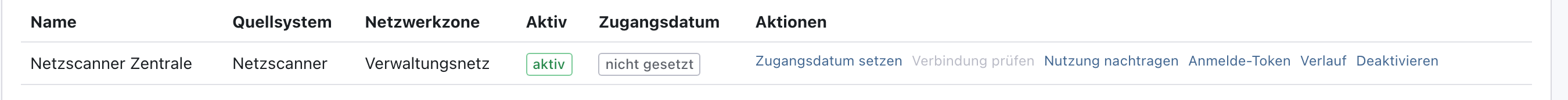 Zeile des Sammlers Netzscanner Zentrale mit Quellsystem Netzscanner, Netzwerkzone Verwaltungsnetz, aktiv, Zugangsdatum nicht gesetzt und den Aktionen, darunter Anmelde-Token