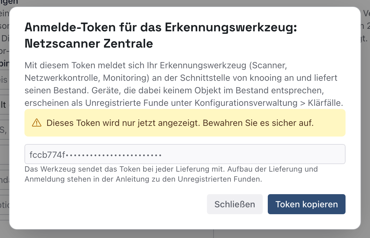 Dialog mit dem für dieses Bild verdeckten Anmelde-Token, dem Hinweis, dass es nur jetzt angezeigt wird, und dem Knopf Token kopieren