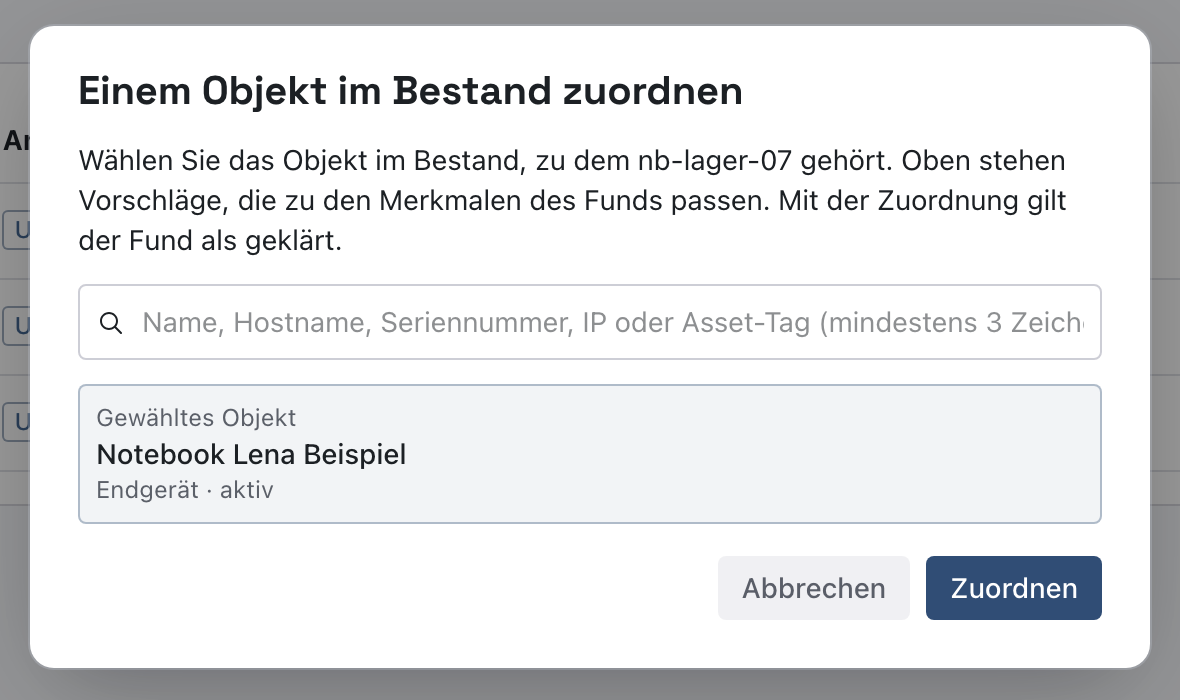 Dialog mit Gewähltes Objekt Notebook Lena Beispiel, Endgerät, aktiv und den Knöpfen Abbrechen und Zuordnen
