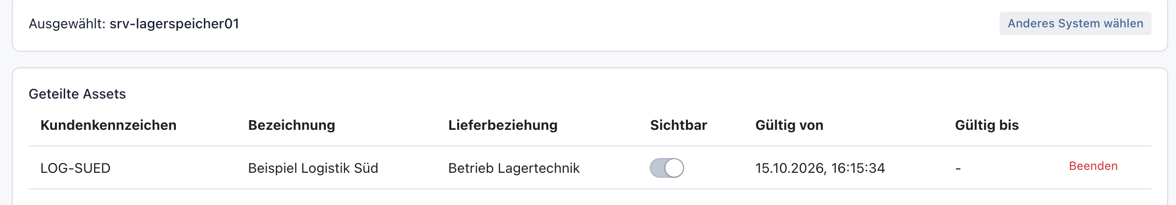 Bereich Geteilte Assets mit der neuen Freigabe LOG-SUED, Beispiel Logistik Süd, Lieferbeziehung Betrieb Lagertechnik, Sichtbar an, Gültig von heute, Gültig bis leer und dem Knopf Beenden