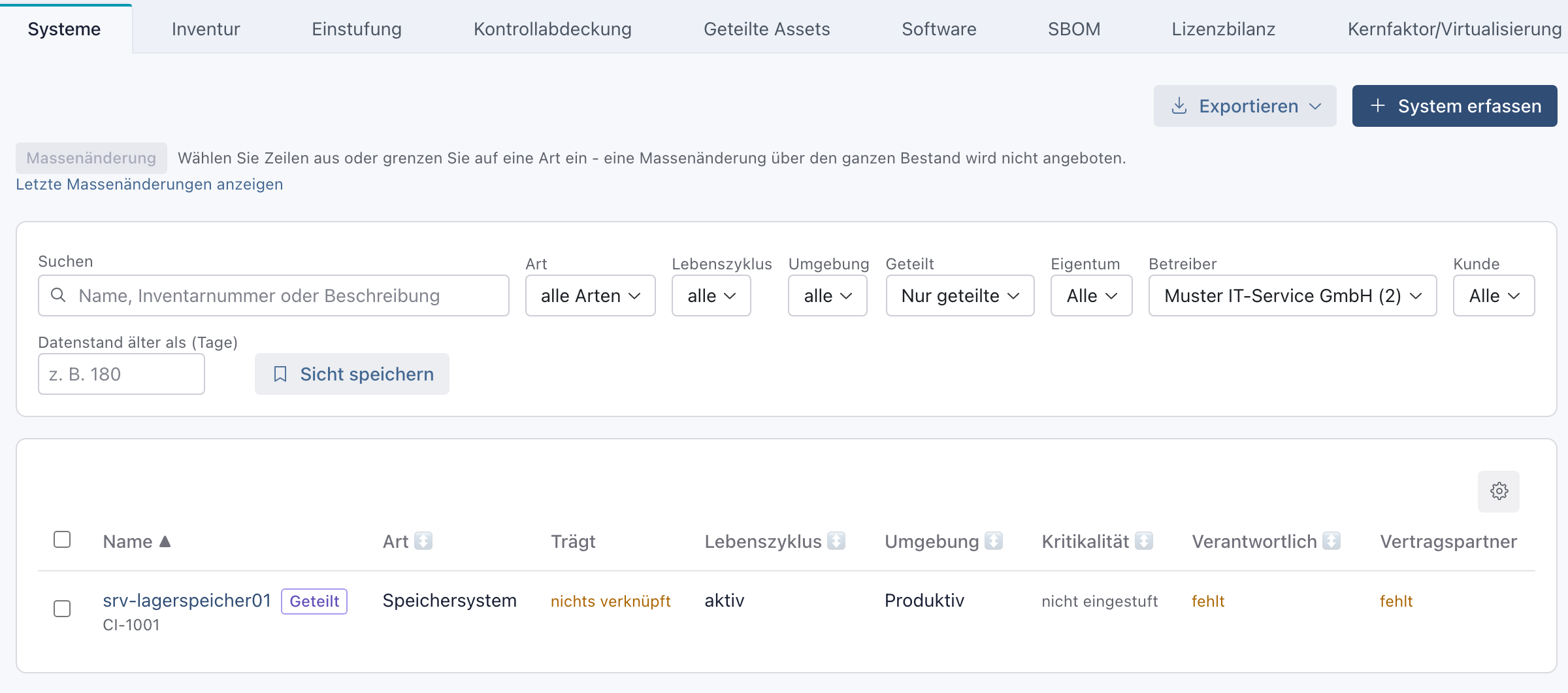 Reiter Systeme mit den Filtern Geteilt Nur geteilte und Betreiber Muster IT-Service GmbH (2), dem System srv-lagerspeicher01 und dem Knopf Exportieren