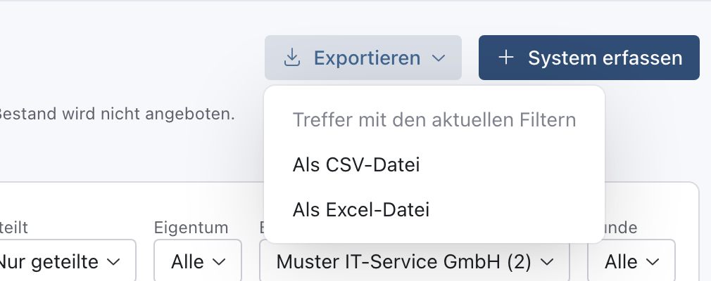 Geöffnetes Menü Exportieren mit Treffer mit den aktuellen Filtern, Als CSV-Datei und Als Excel-Datei