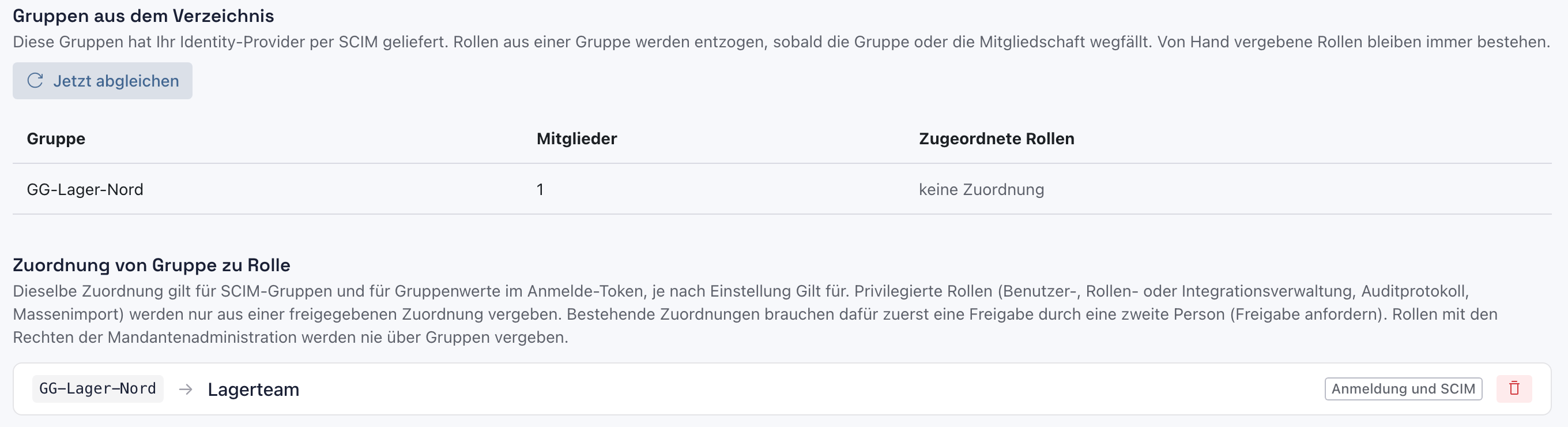 Gruppen aus dem Verzeichnis mit dem Knopf Jetzt abgleichen, der Gruppe GG-Lager-Nord noch ohne Zuordnung und darunter die neue Zuordnung GG-Lager-Nord → Lagerteam mit Anmeldung und SCIM