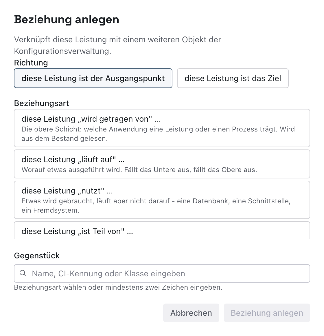 Dialog Beziehung anlegen mit Beziehungsarten