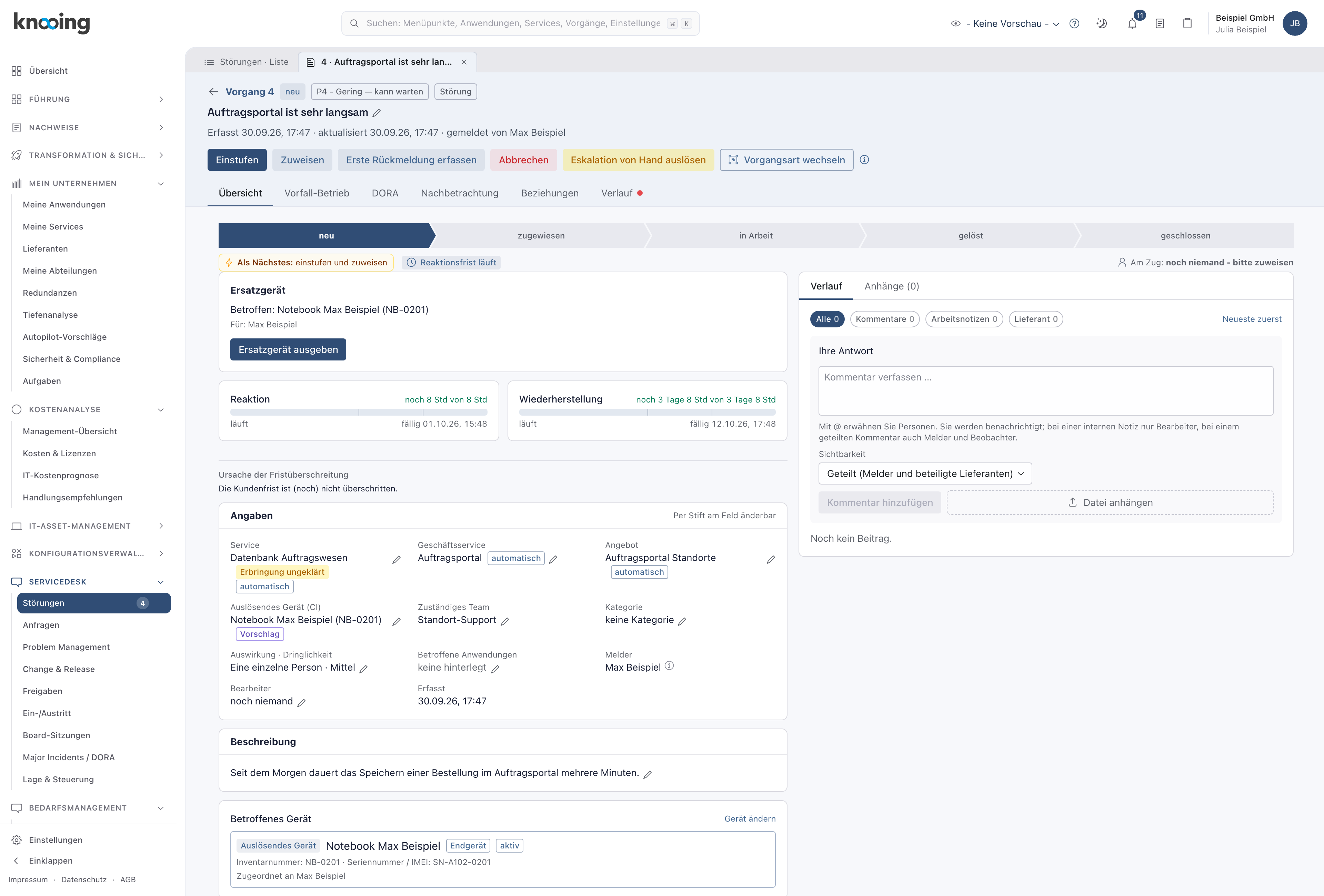 Kasten Angaben eines Portal-Vorgangs mit Abzeichen automatisch an Service, Geschäftsservice und Angebot