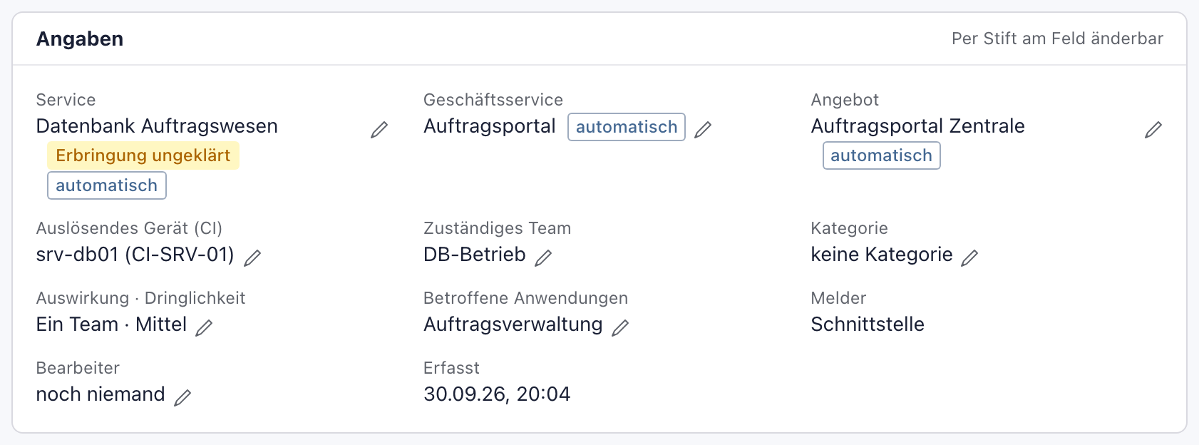 Angaben mit Betroffene Anwendungen Auftragsverwaltung und Melder Schnittstelle