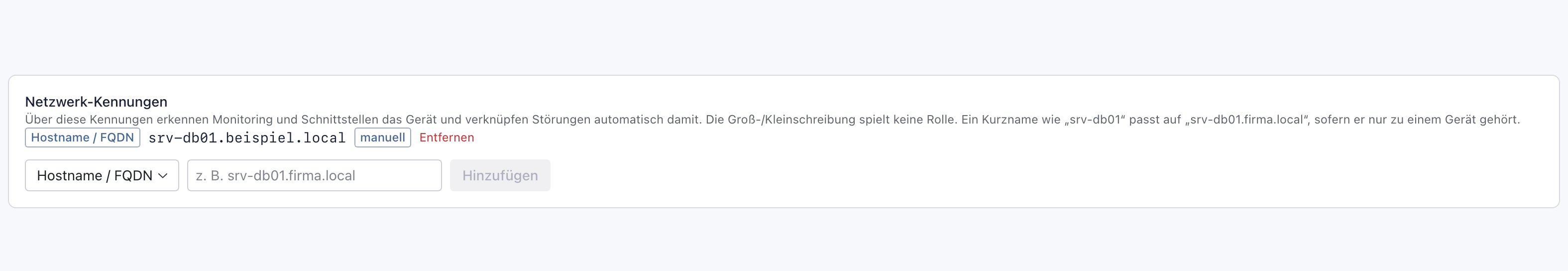 Netzwerk-Kennungen mit Hostname srv-db01.beispiel.local, Abzeichen manuell und Entfernen