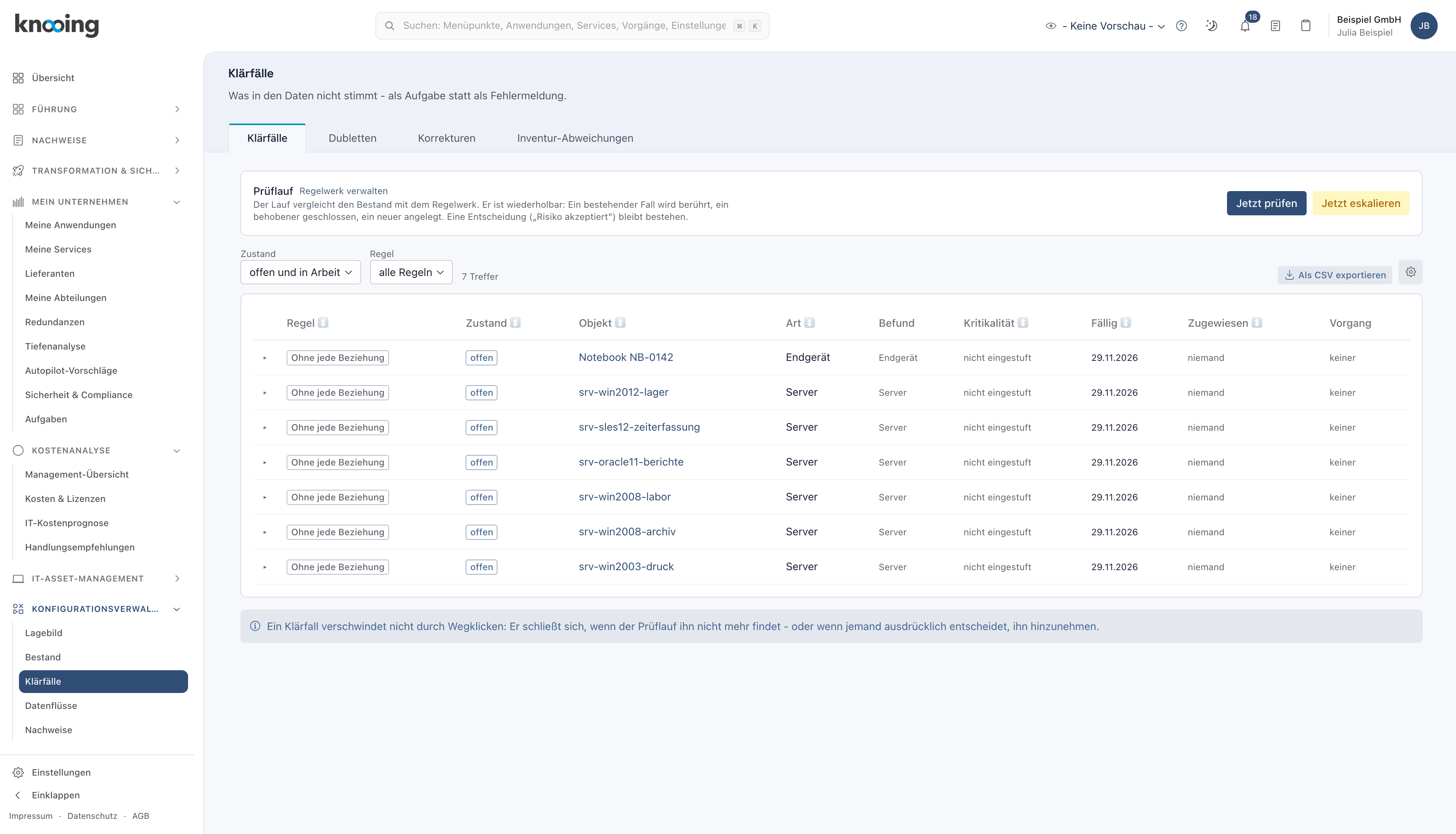 Klärfälle als Tabelle mit CSV-Export