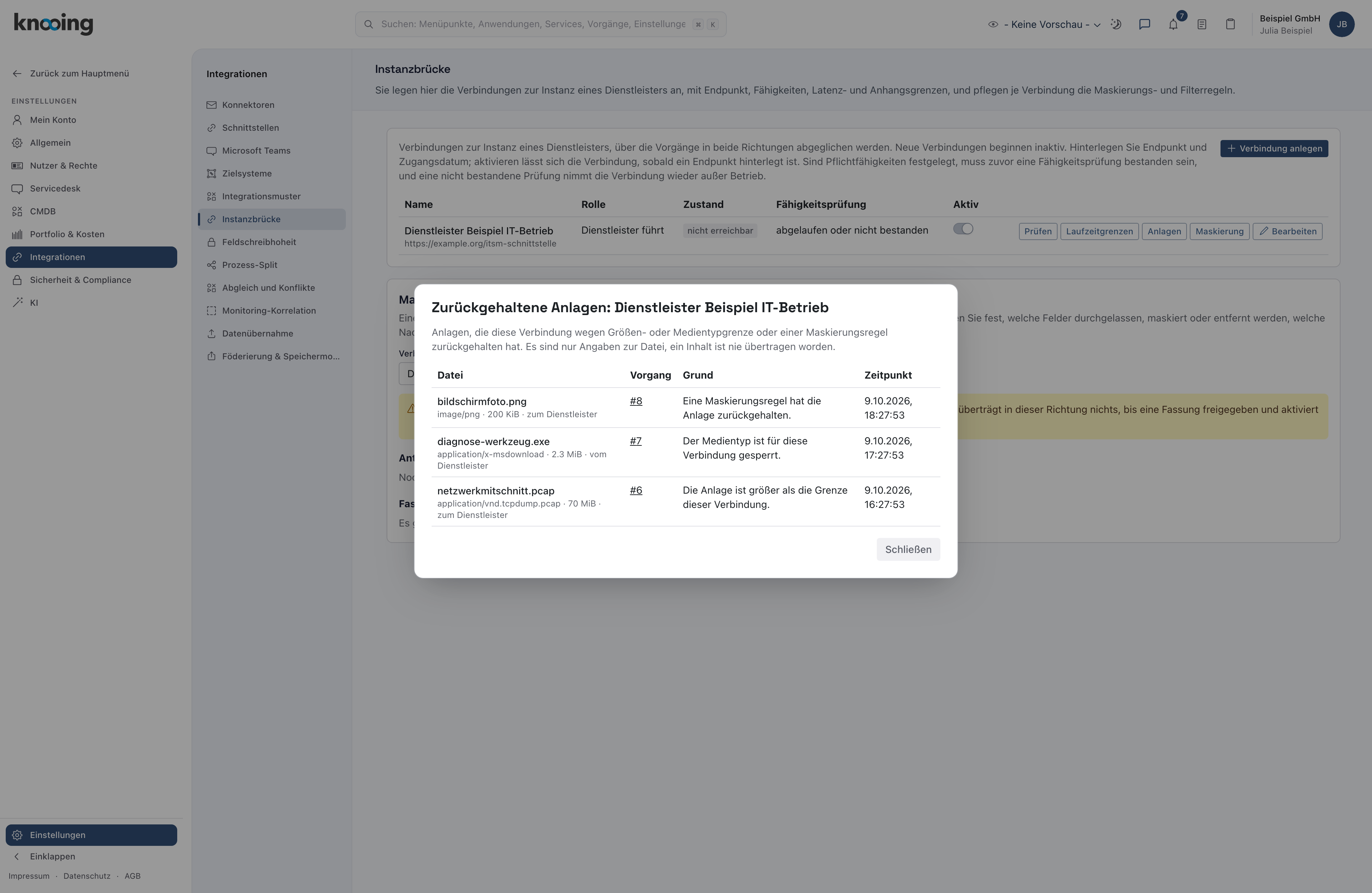 Dialog Zurückgehaltene Anlagen mit drei Anlagen, Vorgang, Grund und Zeitpunkt