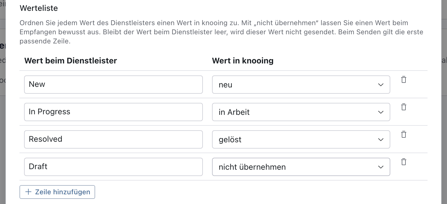 Werteliste mit New zu neu, In Progress zu in Arbeit, Resolved zu gelöst und Draft zu nicht übernehmen