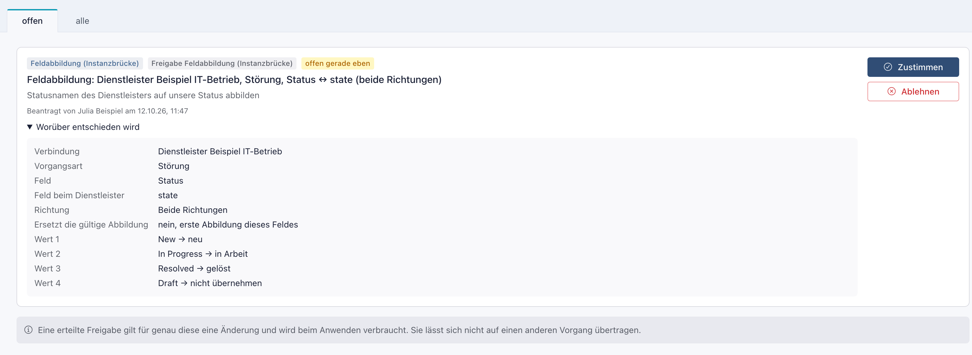 Freigaben im Reiter offen mit dem Antrag Feldabbildung (Instanzbrücke), aufgeklappten Einzelheiten und den Knöpfen Zustimmen und Ablehnen