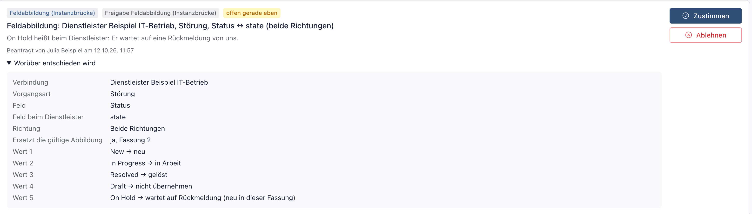 Einzelheiten eines Änderungsantrags mit Ersetzt die gültige Abbildung ja, Fassung 2 und Wert 5 On Hold zu wartet auf Rückmeldung, neu in dieser Fassung