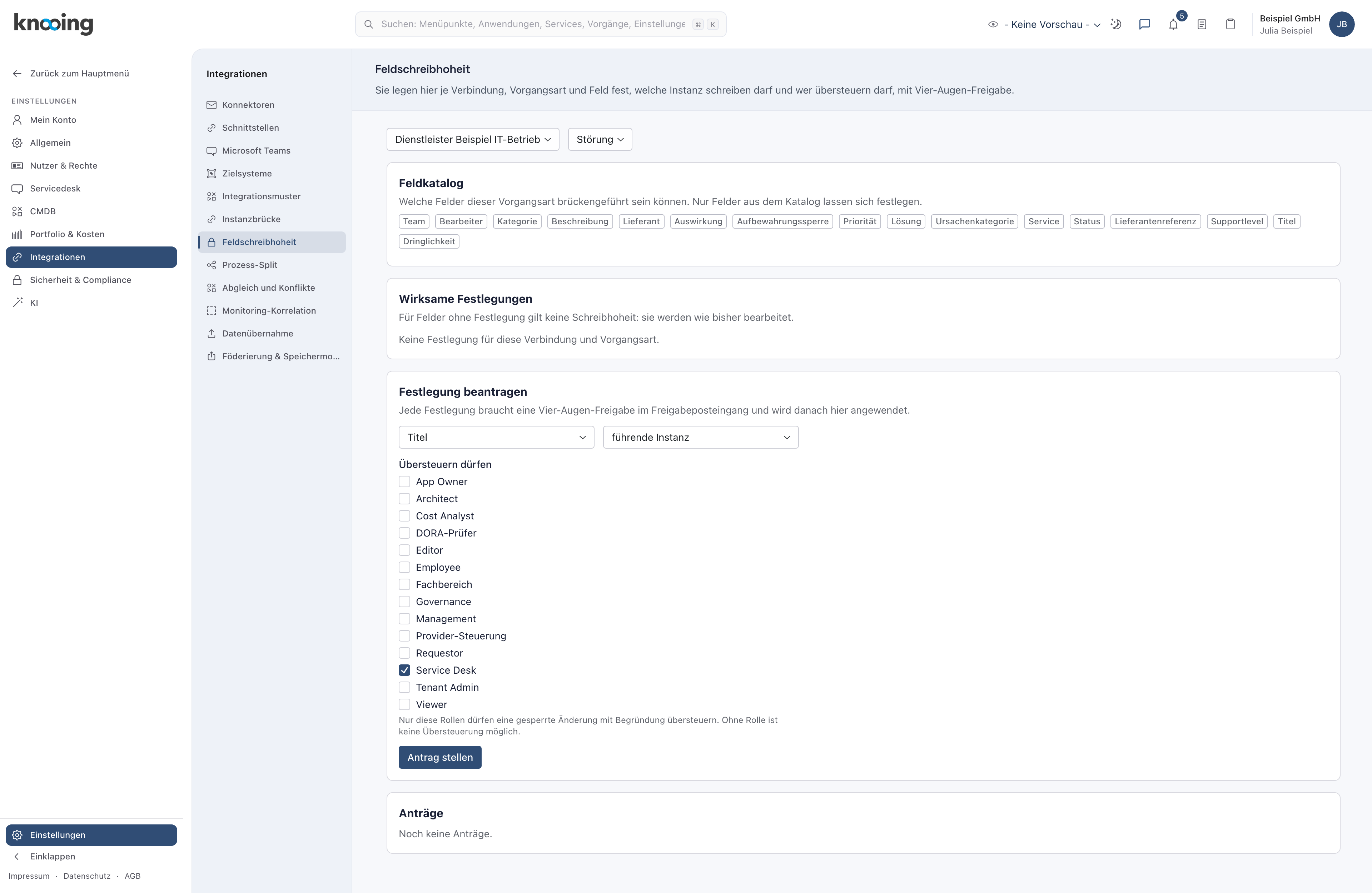 Bereich Festlegung beantragen mit Feld Titel, Hoheit führende Instanz, angekreuzter Rolle Service Desk und dem Knopf Antrag stellen