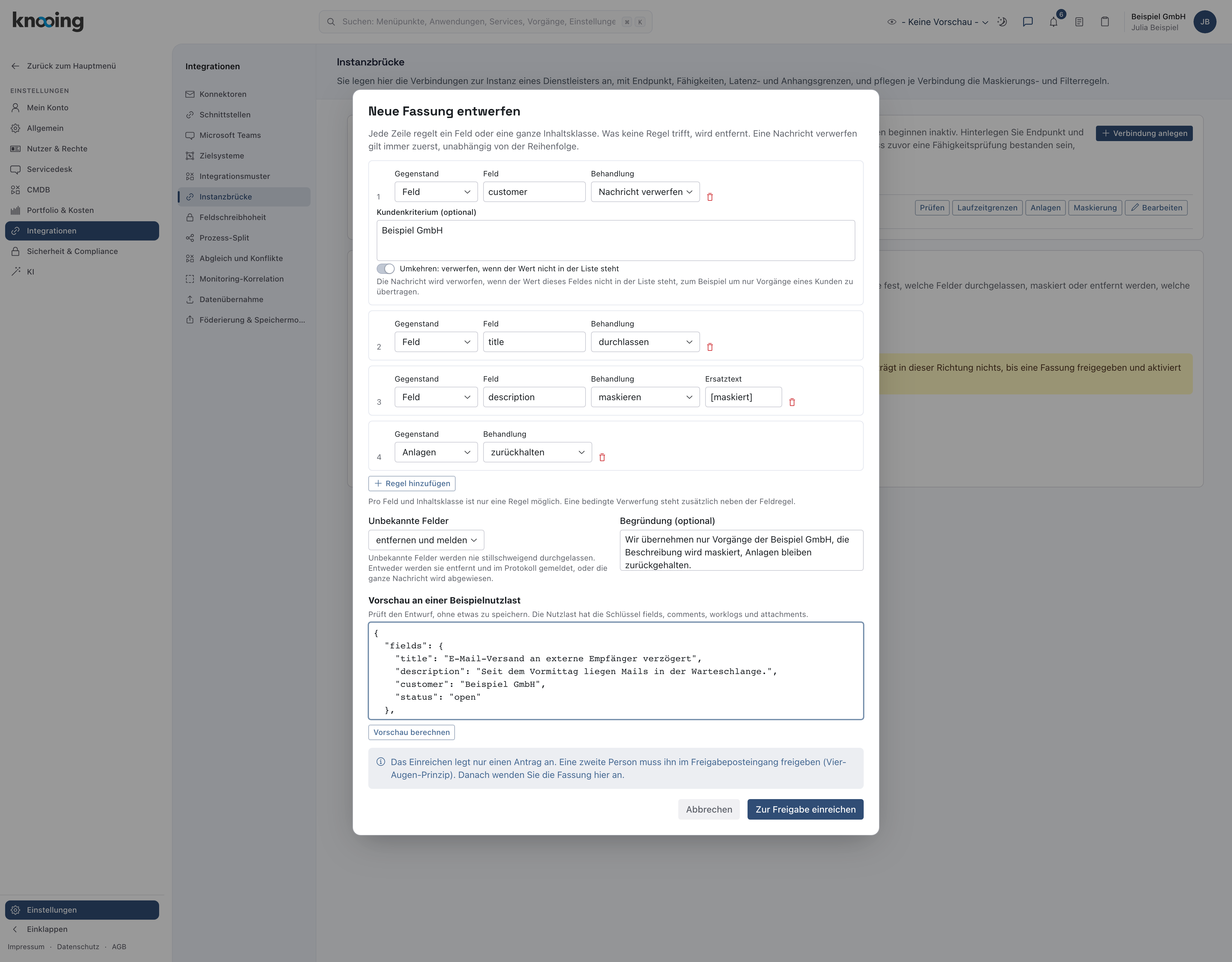 Dialog Neue Fassung entwerfen mit vier Regeln, Kundenkriterium Beispiel GmbH mit eingeschaltetem Umkehren, Unbekannte Felder und Begründung